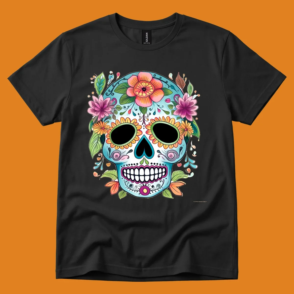 A vibrant floral calavera skull illustration, adorned with colorful flowers and leaves on a teal and white base.