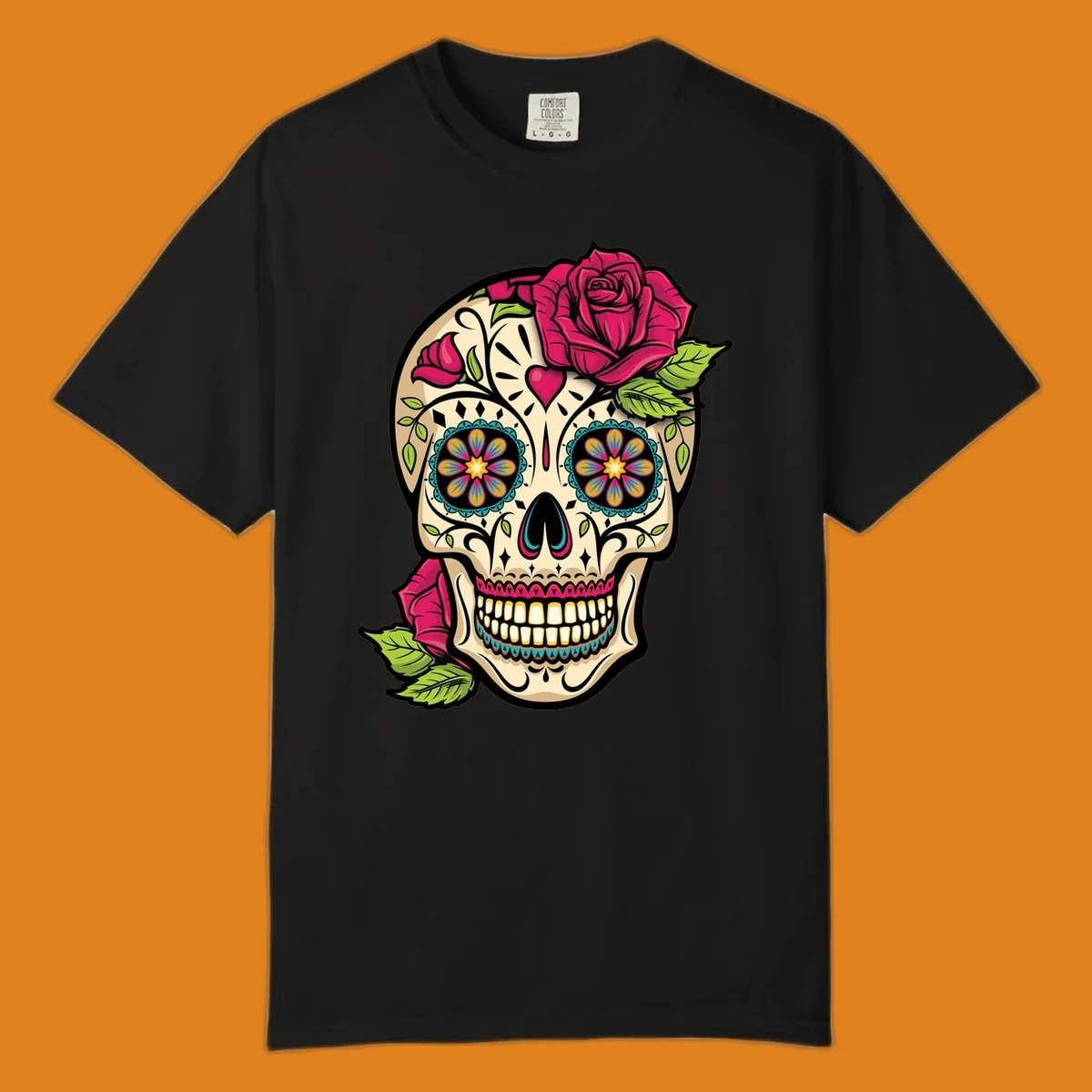 An ornate sugar skull decorated with pink and red roses and colorful floral patterns, embodying the ornate-sugar-skull-roses concept.