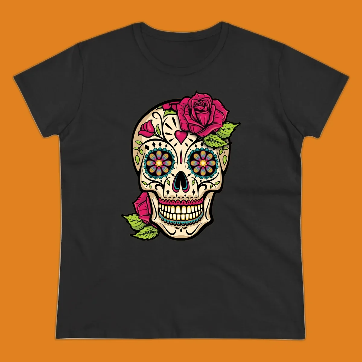 An ornate sugar skull decorated with pink and red roses and colorful floral patterns, embodying the ornate-sugar-skull-roses concept.