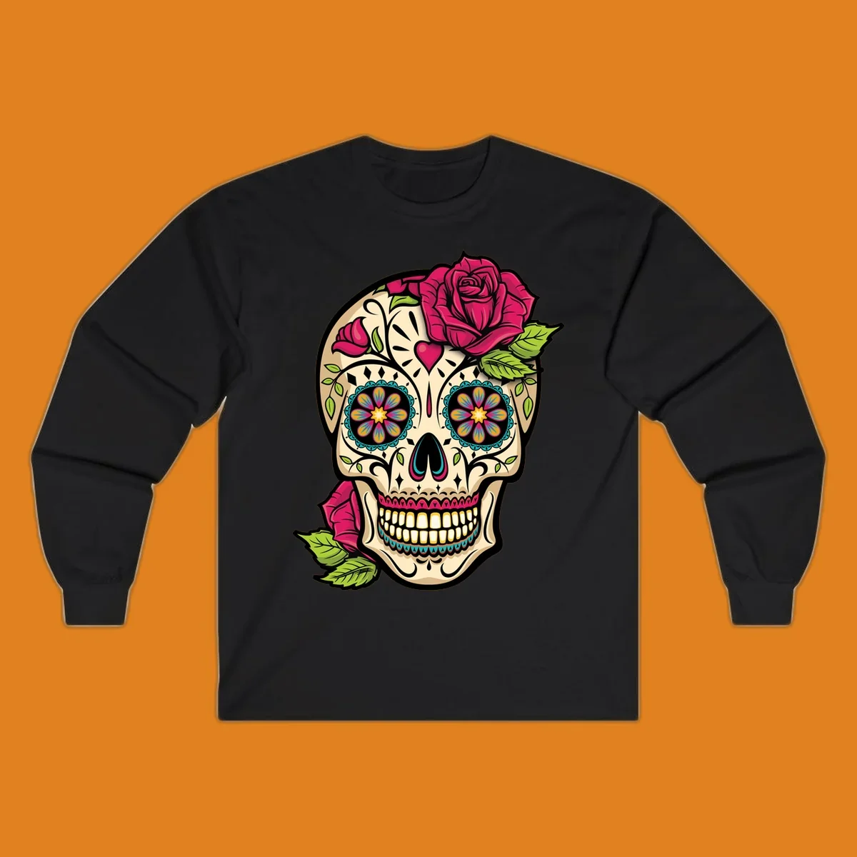 An ornate sugar skull decorated with pink and red roses and colorful floral patterns, embodying the ornate-sugar-skull-roses concept.