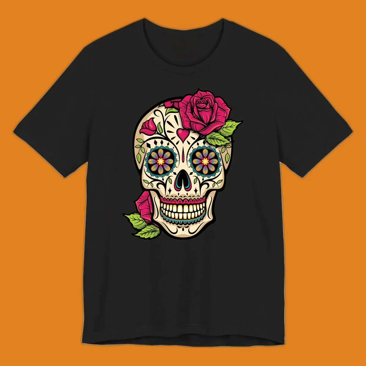 An ornate sugar skull decorated with pink and red roses and colorful floral patterns, embodying the ornate-sugar-skull-roses concept.