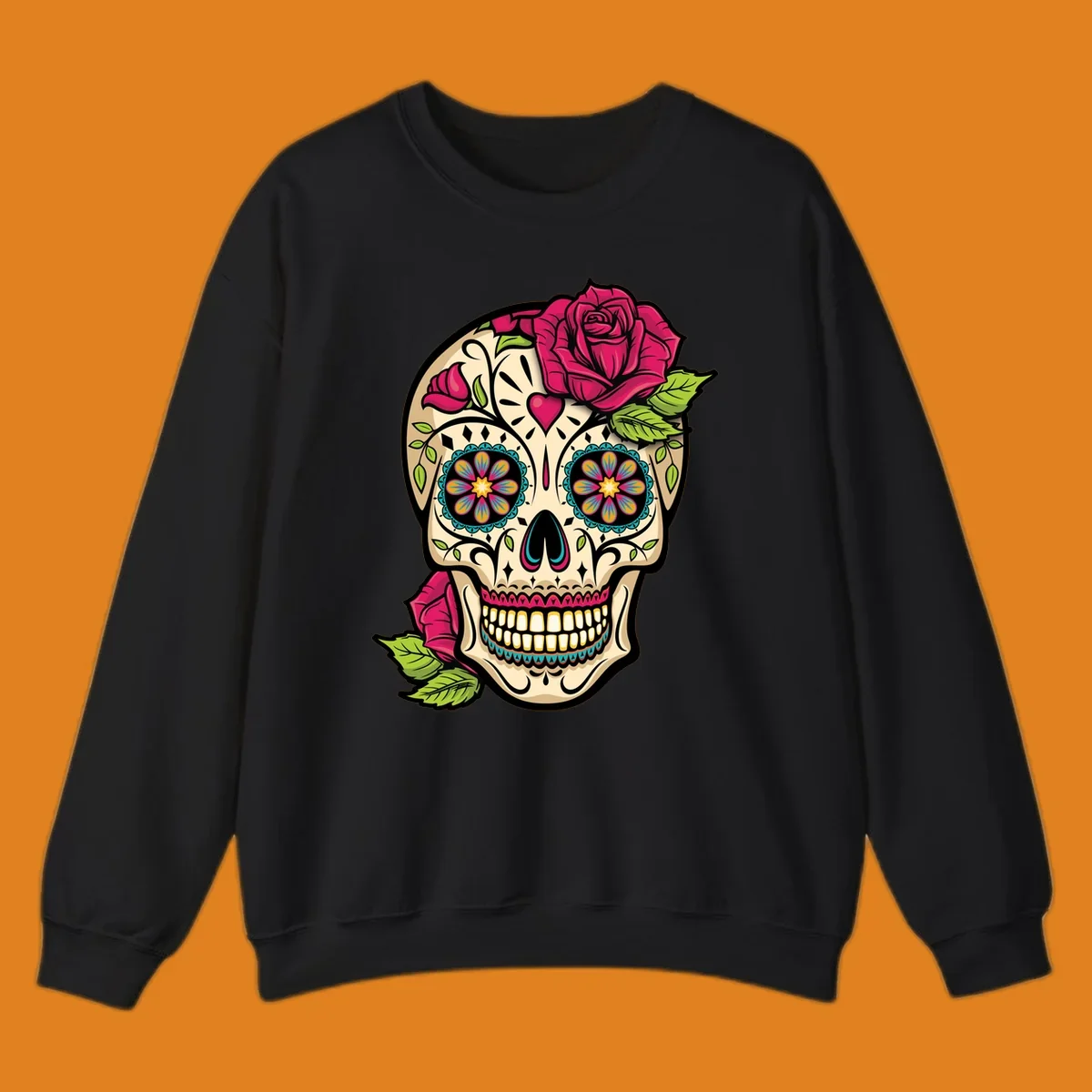 An ornate sugar skull decorated with pink and red roses and colorful floral patterns, embodying the ornate-sugar-skull-roses concept.