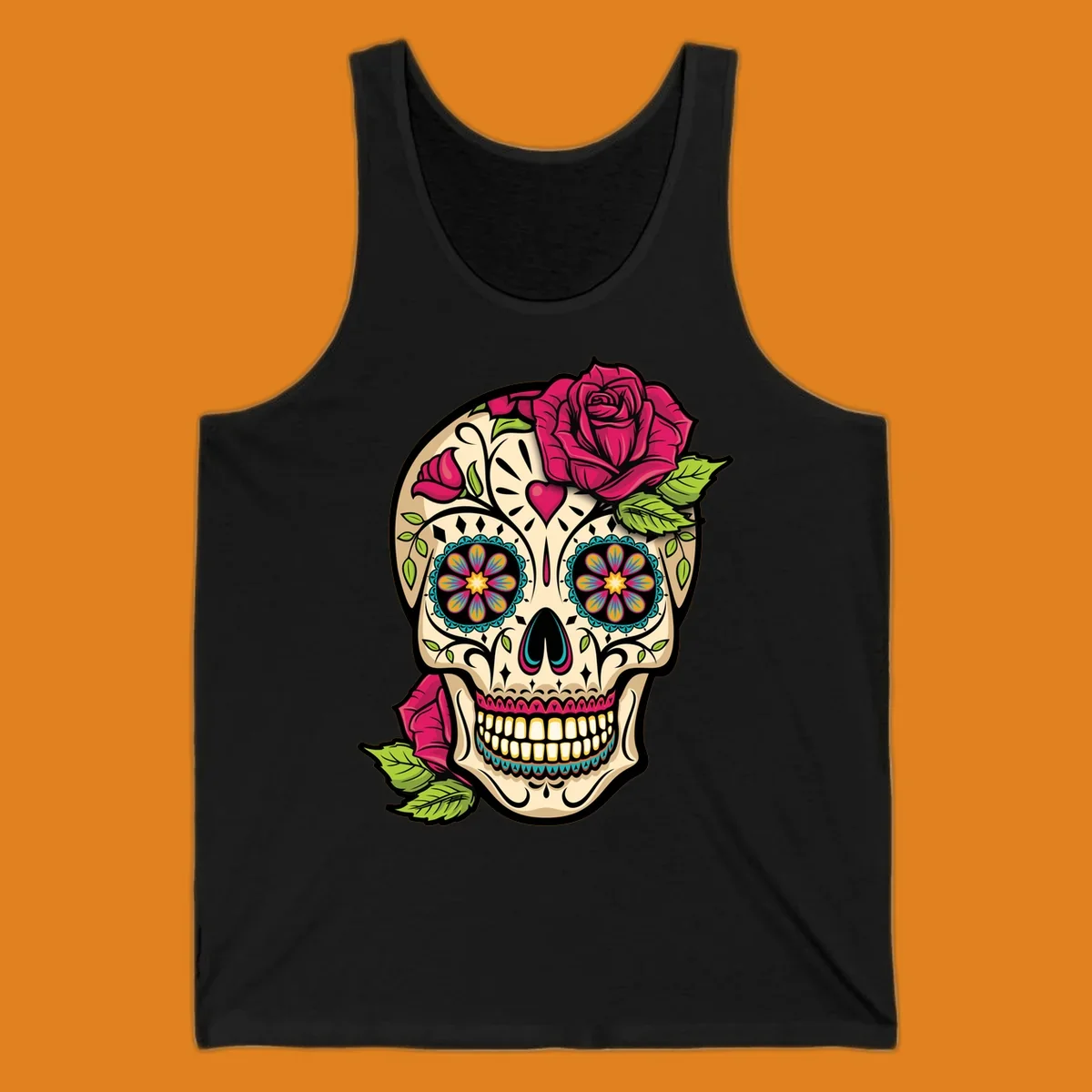 An ornate sugar skull decorated with pink and red roses and colorful floral patterns, embodying the ornate-sugar-skull-roses concept.