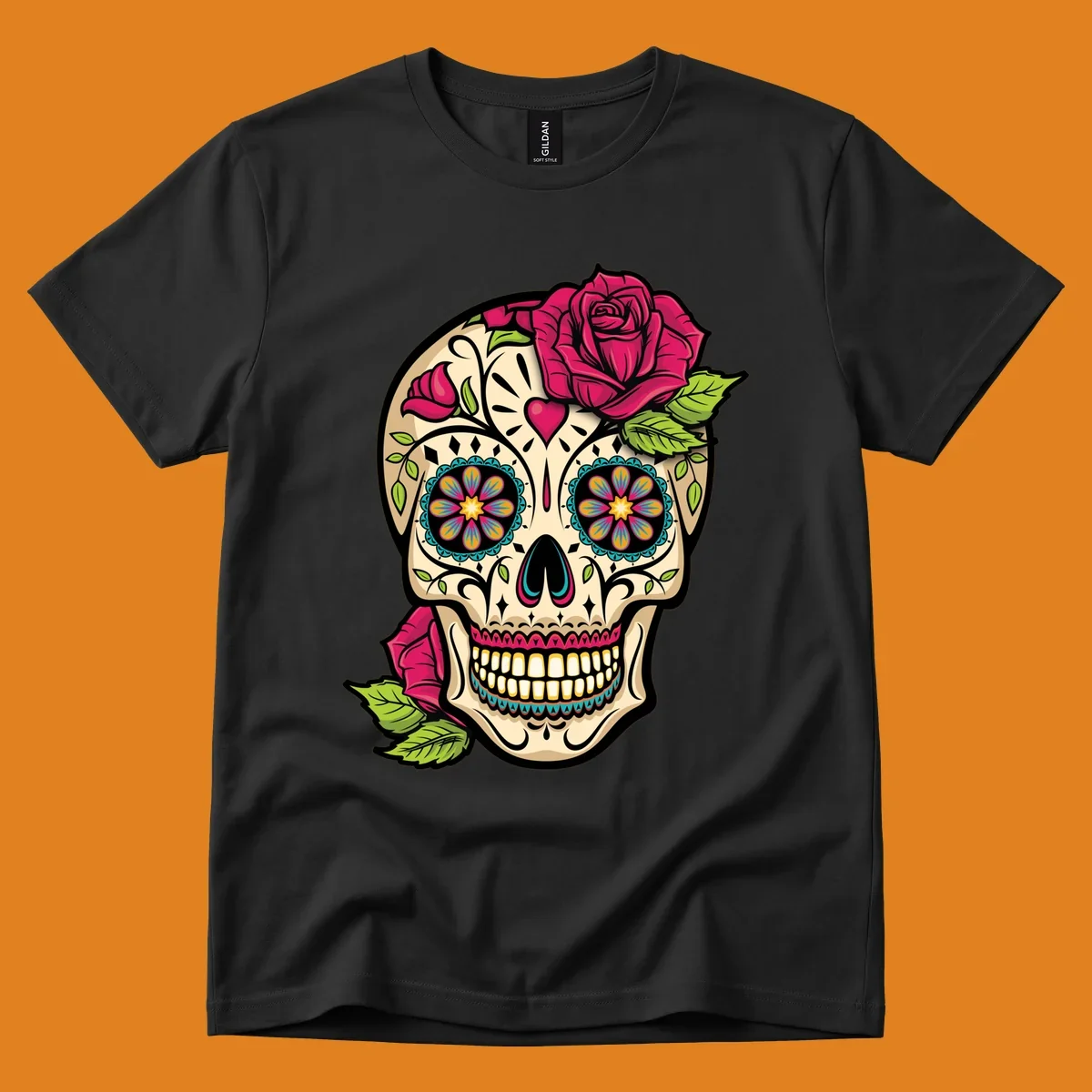 An ornate sugar skull decorated with pink and red roses and colorful floral patterns, embodying the ornate-sugar-skull-roses concept.