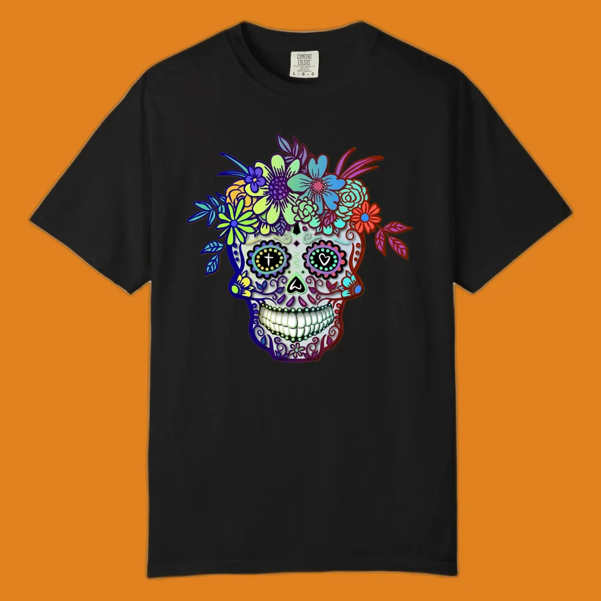A vibrant floral calavera skull, decorated with intricate patterns and wearing a multicolored crown of flowers and leaves.