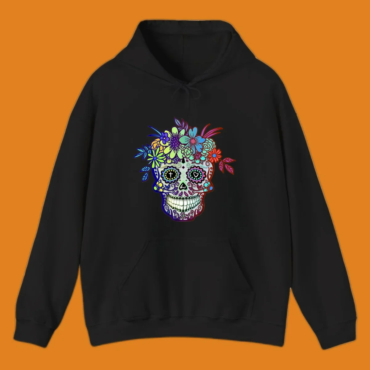 A vibrant floral calavera skull, decorated with intricate patterns and wearing a multicolored crown of flowers and leaves.