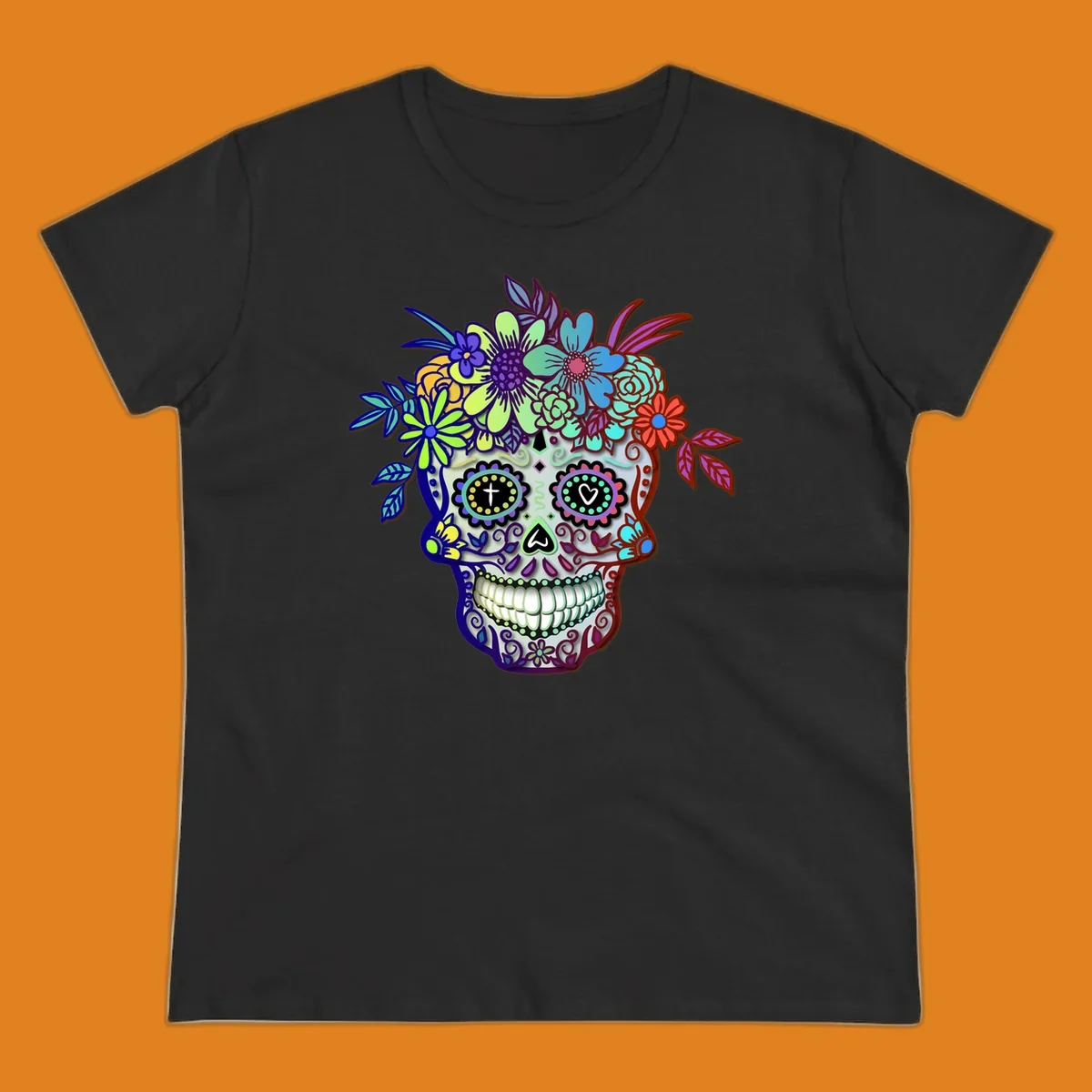 A vibrant floral calavera skull, decorated with intricate patterns and wearing a multicolored crown of flowers and leaves.