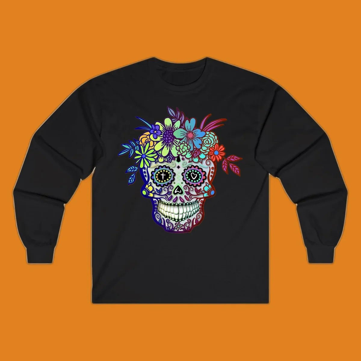 A vibrant floral calavera skull, decorated with intricate patterns and wearing a multicolored crown of flowers and leaves.