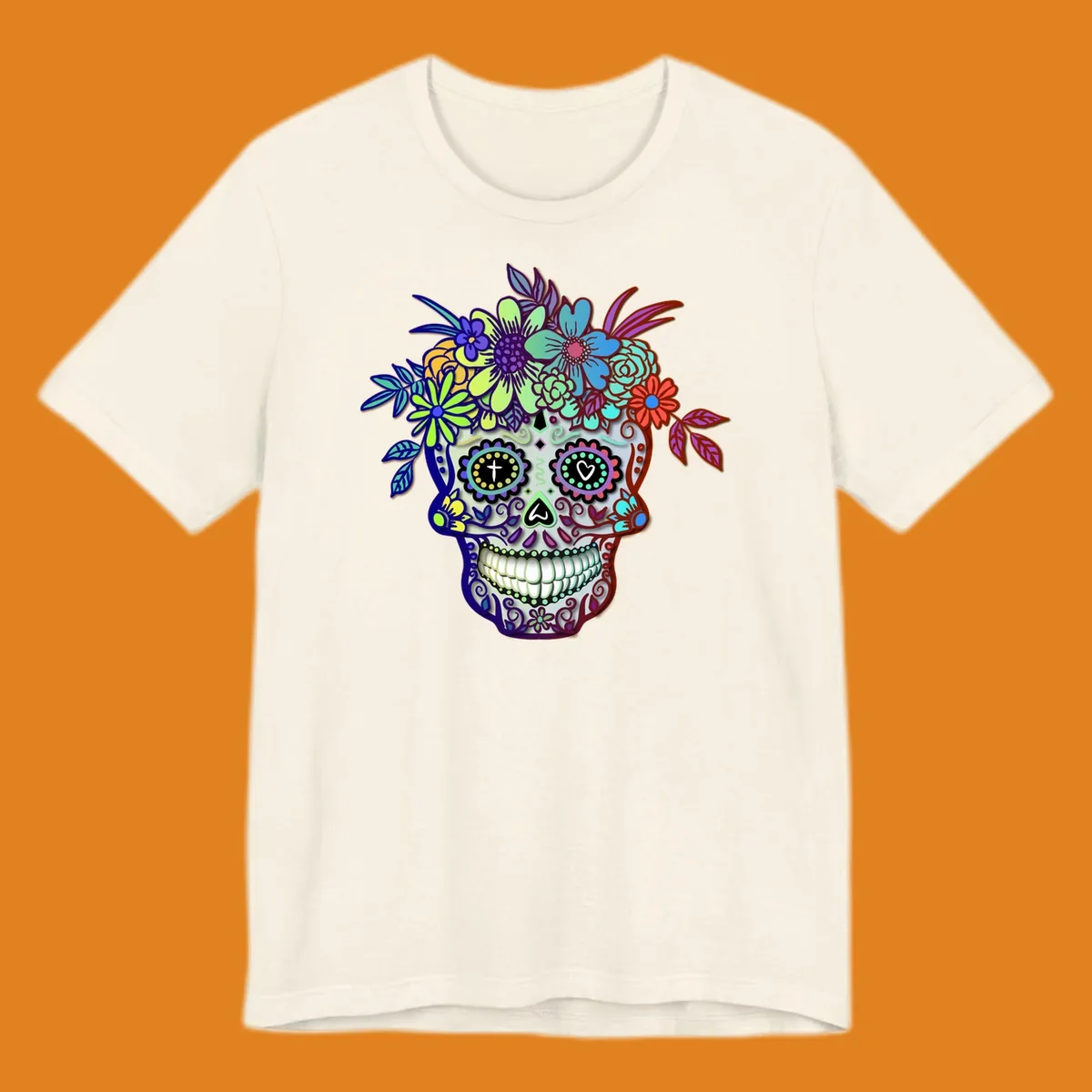 A vibrant floral calavera skull, decorated with intricate patterns and wearing a multicolored crown of flowers and leaves.