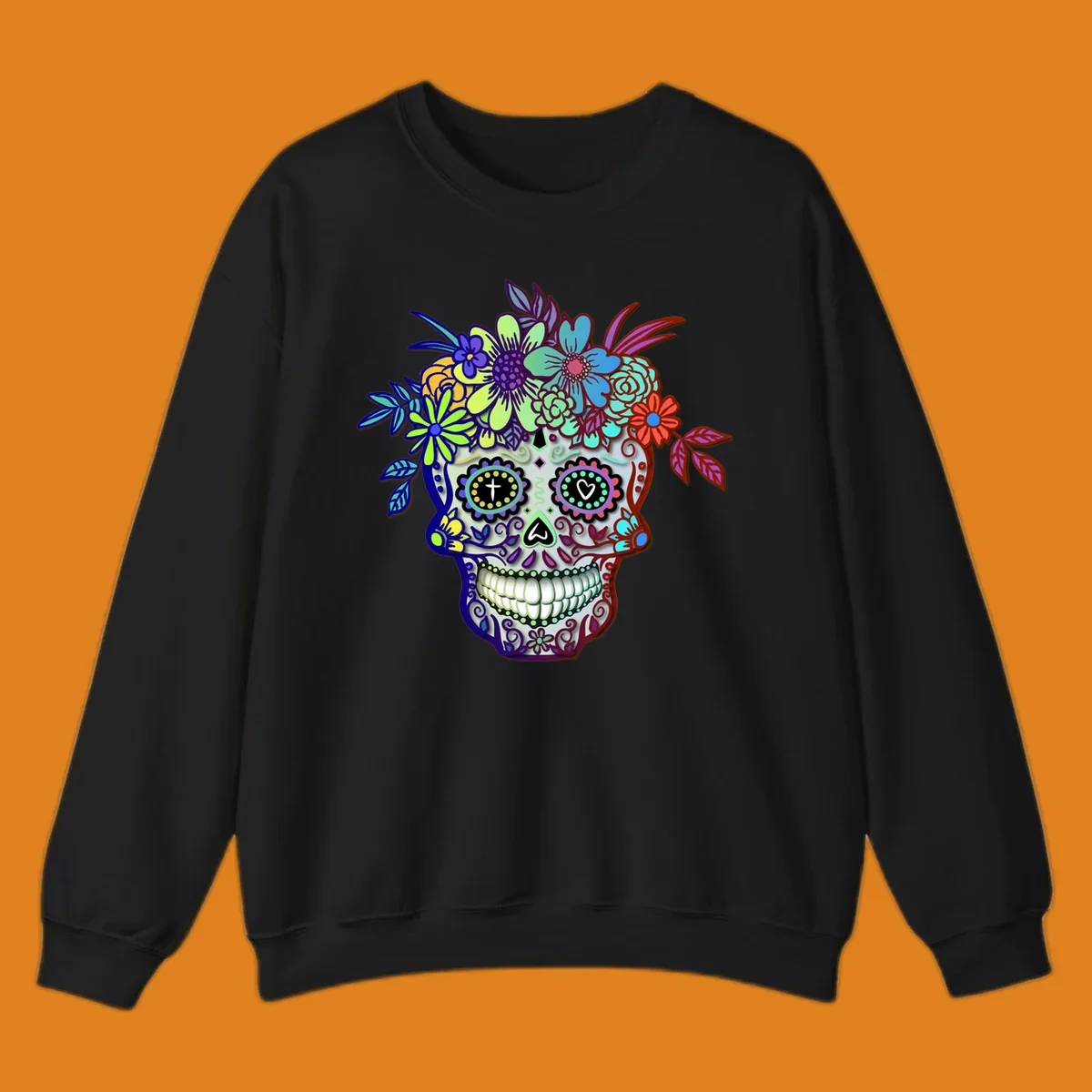 A vibrant floral calavera skull, decorated with intricate patterns and wearing a multicolored crown of flowers and leaves.