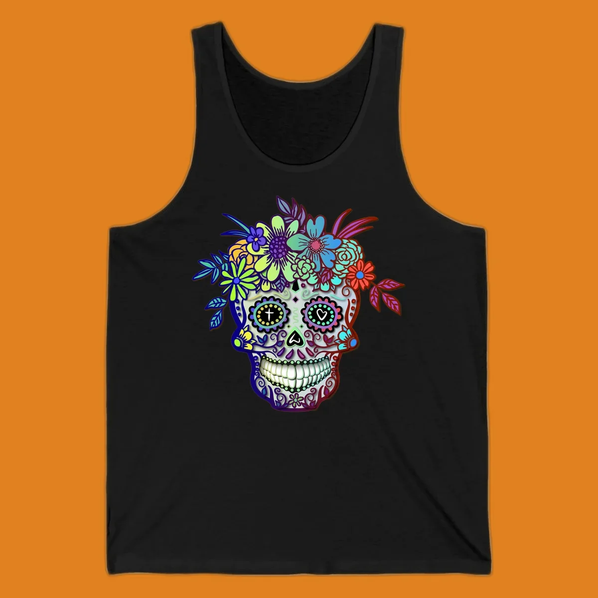 A vibrant floral calavera skull, decorated with intricate patterns and wearing a multicolored crown of flowers and leaves.