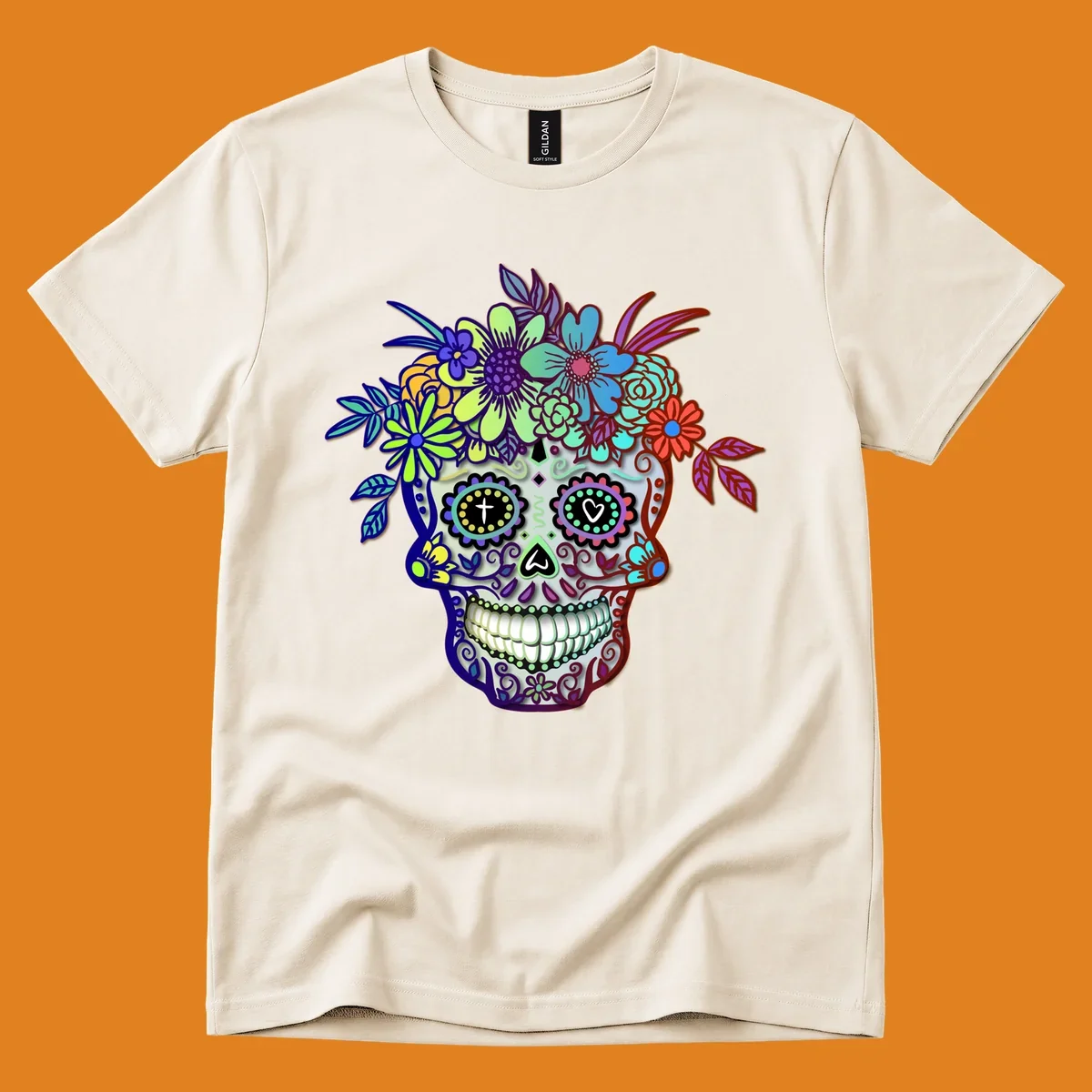 A vibrant floral calavera skull, decorated with intricate patterns and wearing a multicolored crown of flowers and leaves.