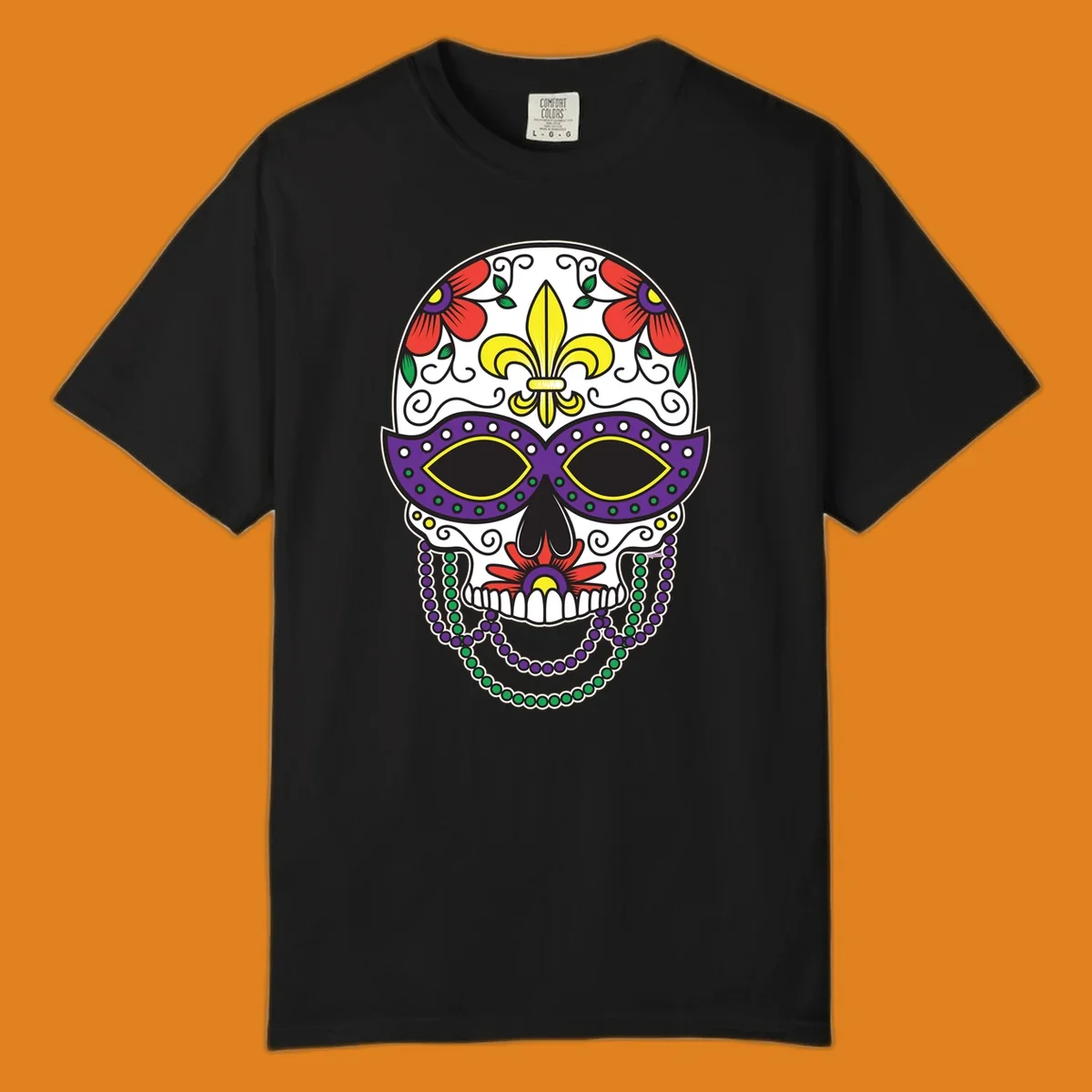 A vibrant Mardi Gras sugar skull illustration with a purple mask, yellow fleur-de-lis, red flowers, and green and purple beads.