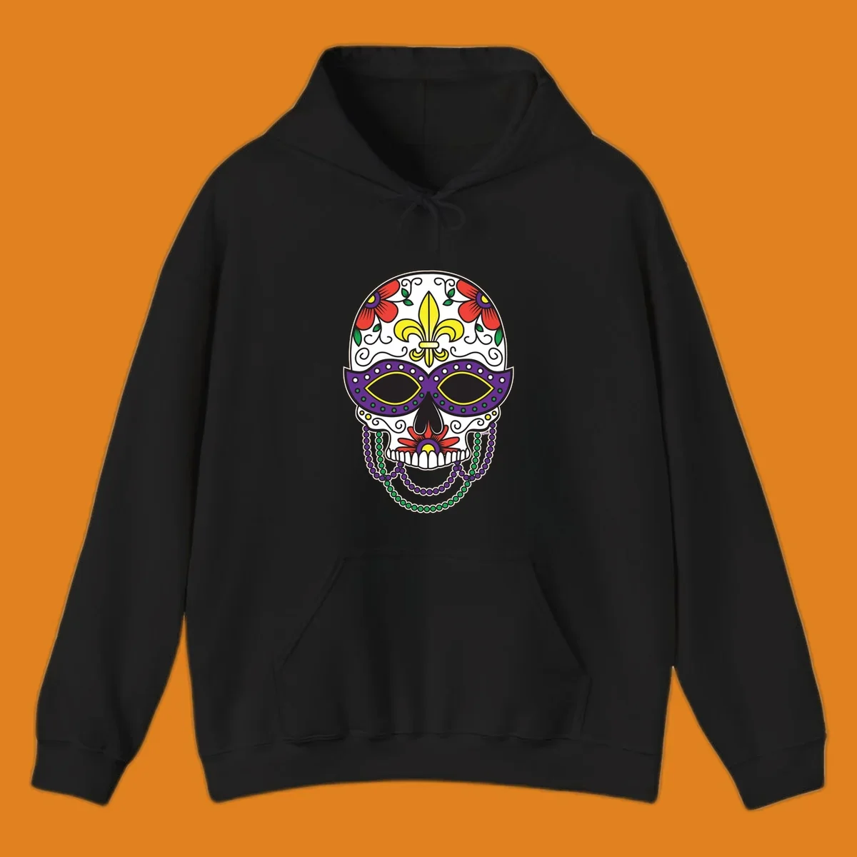 A vibrant Mardi Gras sugar skull illustration with a purple mask, yellow fleur-de-lis, red flowers, and green and purple beads.