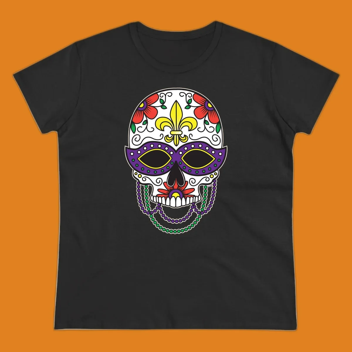 A vibrant Mardi Gras sugar skull illustration with a purple mask, yellow fleur-de-lis, red flowers, and green and purple beads.