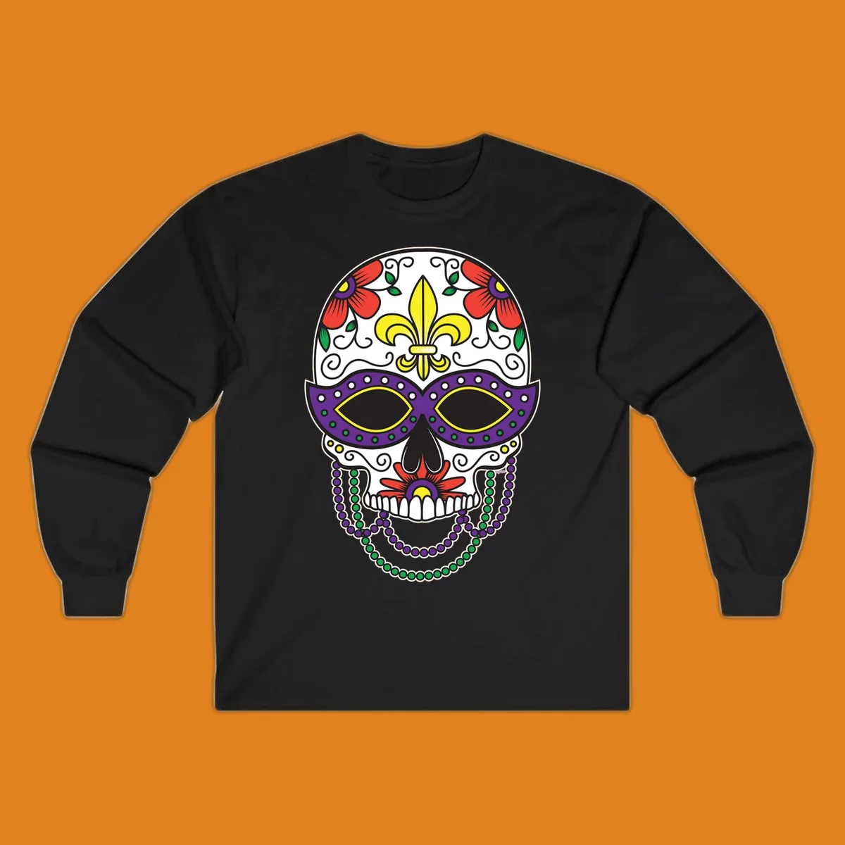 A vibrant Mardi Gras sugar skull illustration with a purple mask, yellow fleur-de-lis, red flowers, and green and purple beads.