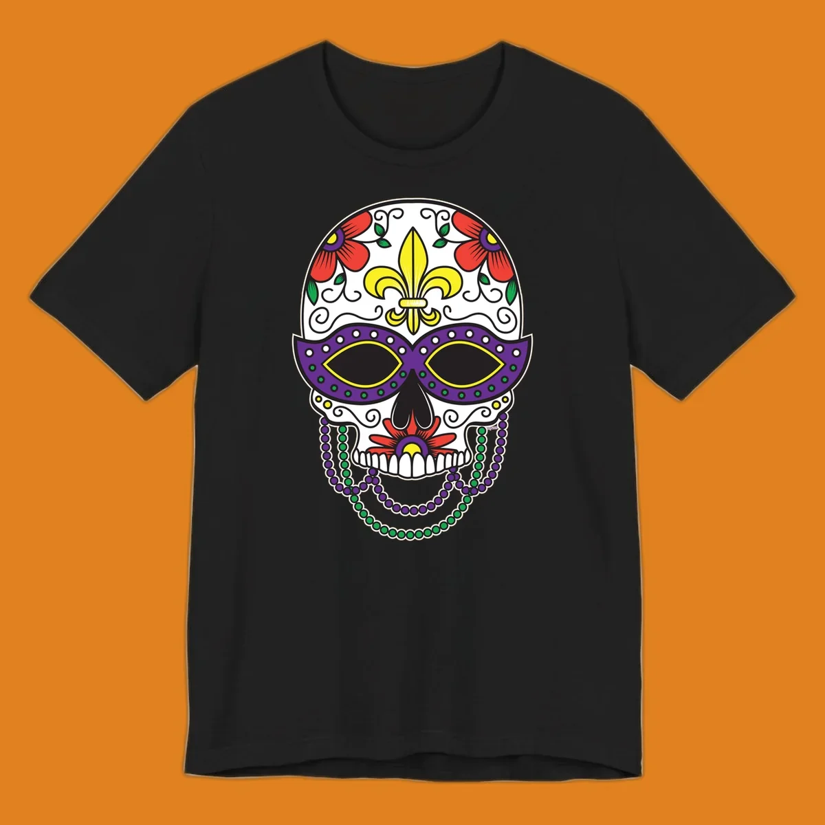 A vibrant Mardi Gras sugar skull illustration with a purple mask, yellow fleur-de-lis, red flowers, and green and purple beads.