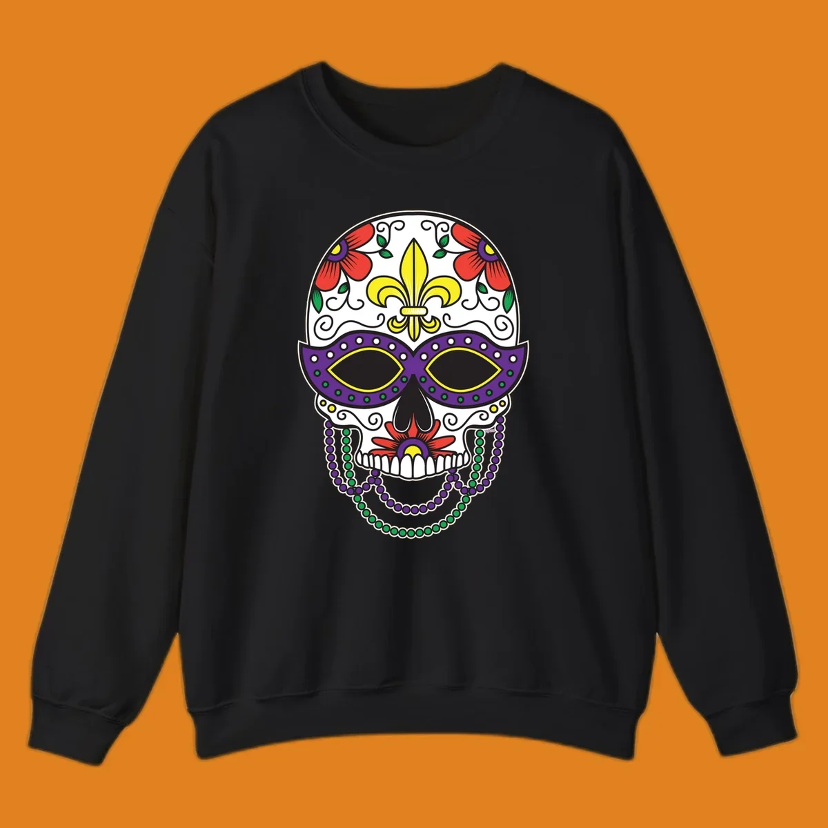 A vibrant Mardi Gras sugar skull illustration with a purple mask, yellow fleur-de-lis, red flowers, and green and purple beads.