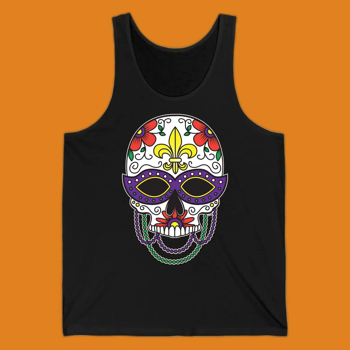 A vibrant Mardi Gras sugar skull illustration with a purple mask, yellow fleur-de-lis, red flowers, and green and purple beads.