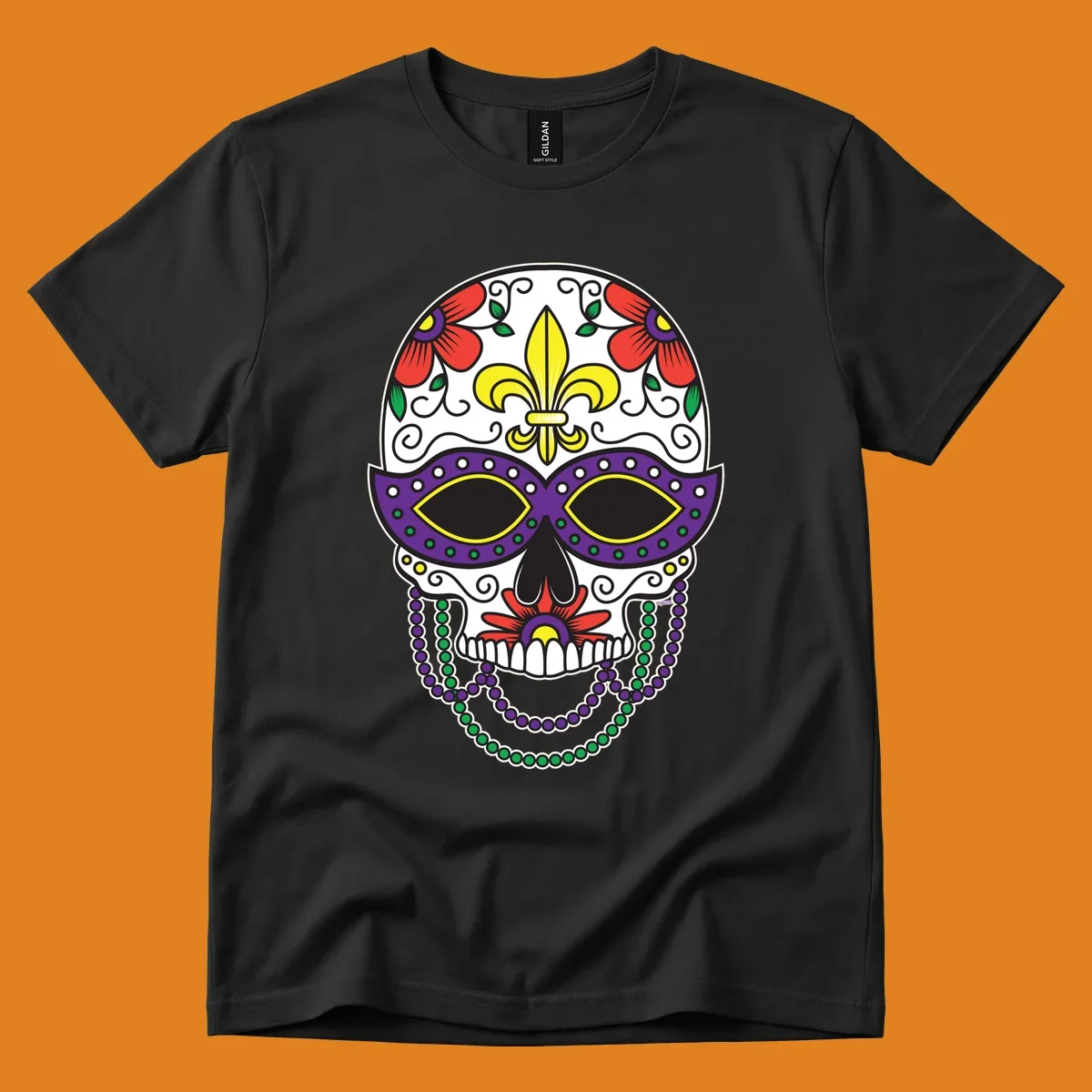 A vibrant Mardi Gras sugar skull illustration with a purple mask, yellow fleur-de-lis, red flowers, and green and purple beads.