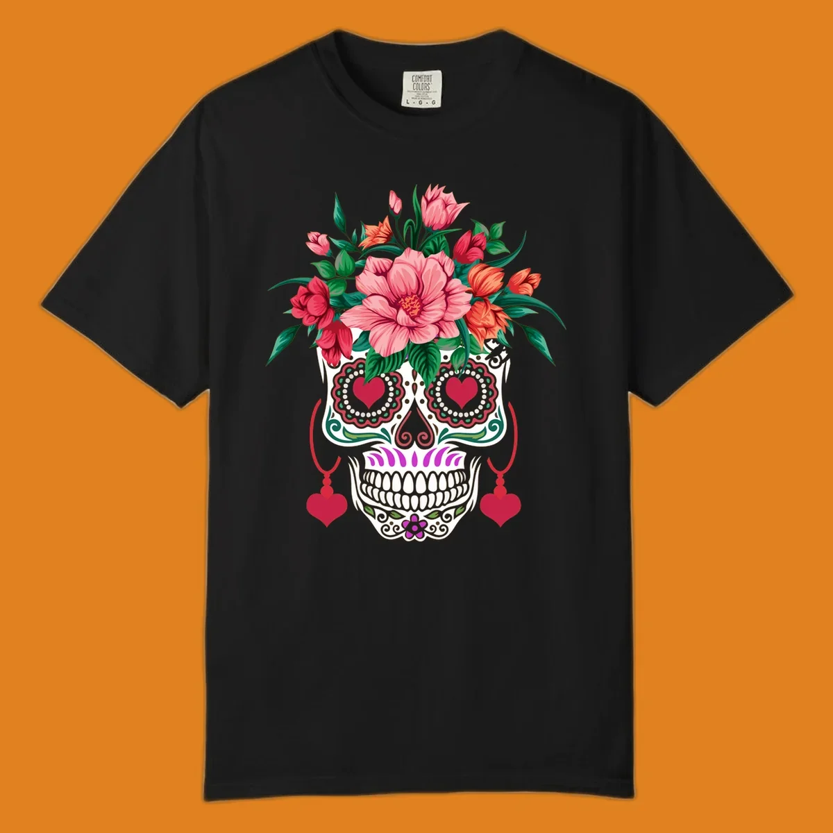 A vibrant floral sugar skull illustration with pink, red, and orange flowers, green leaves, and heart eyes.