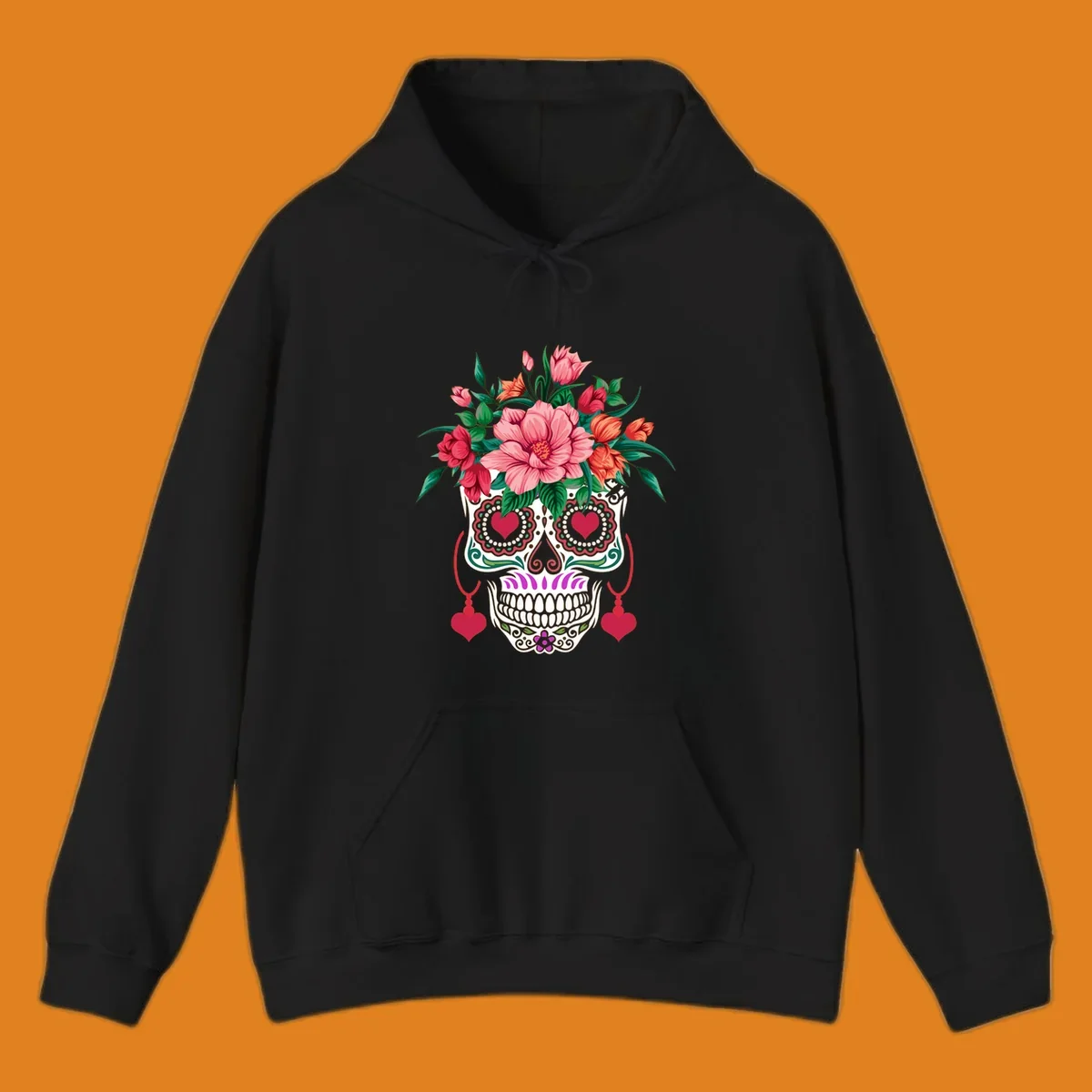 A vibrant floral sugar skull illustration with pink, red, and orange flowers, green leaves, and heart eyes.