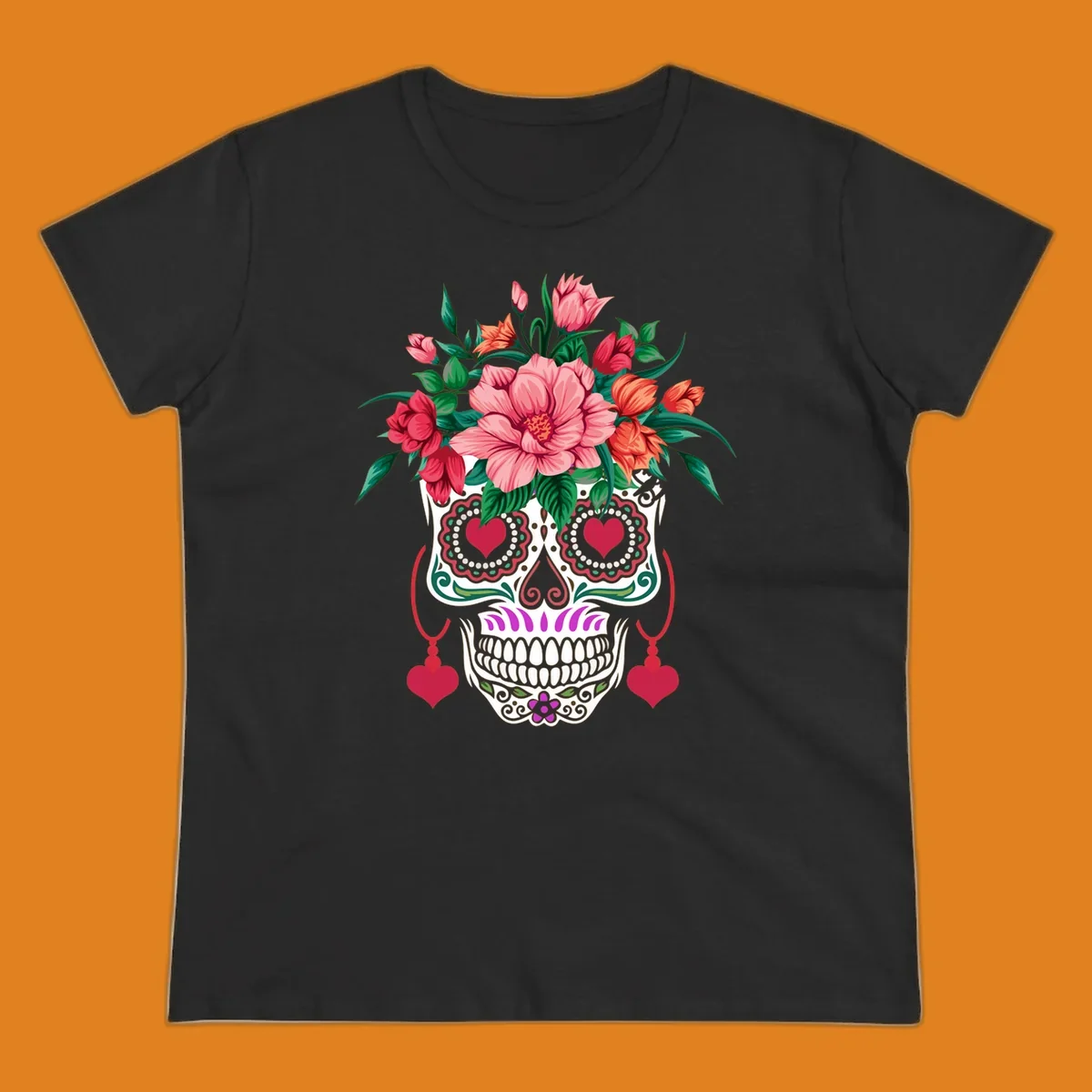 A vibrant floral sugar skull illustration with pink, red, and orange flowers, green leaves, and heart eyes.