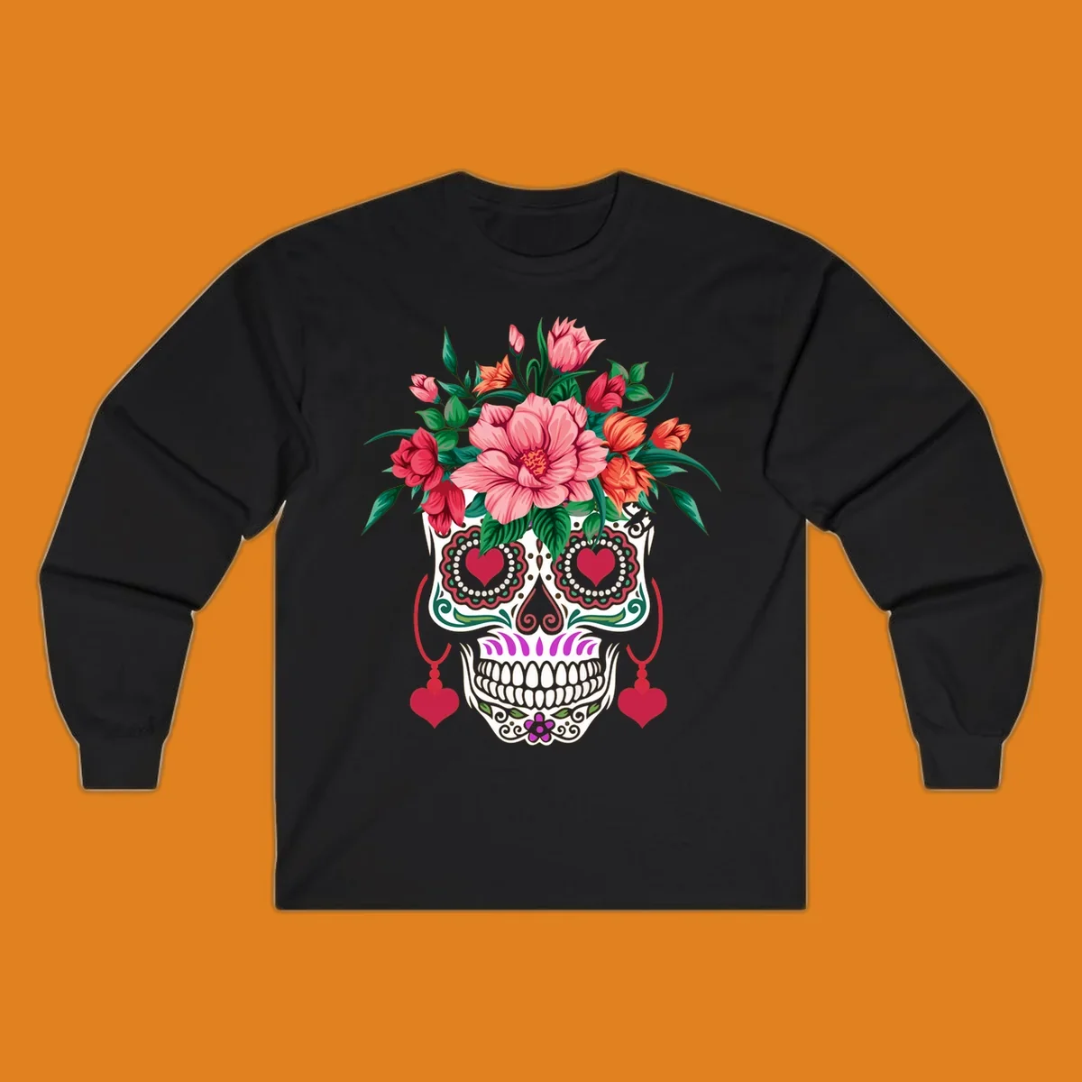 A vibrant floral sugar skull illustration with pink, red, and orange flowers, green leaves, and heart eyes.