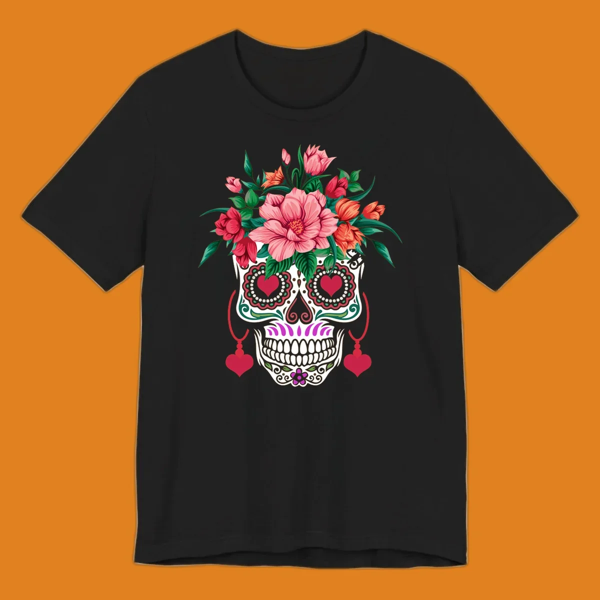 A vibrant floral sugar skull illustration with pink, red, and orange flowers, green leaves, and heart eyes.