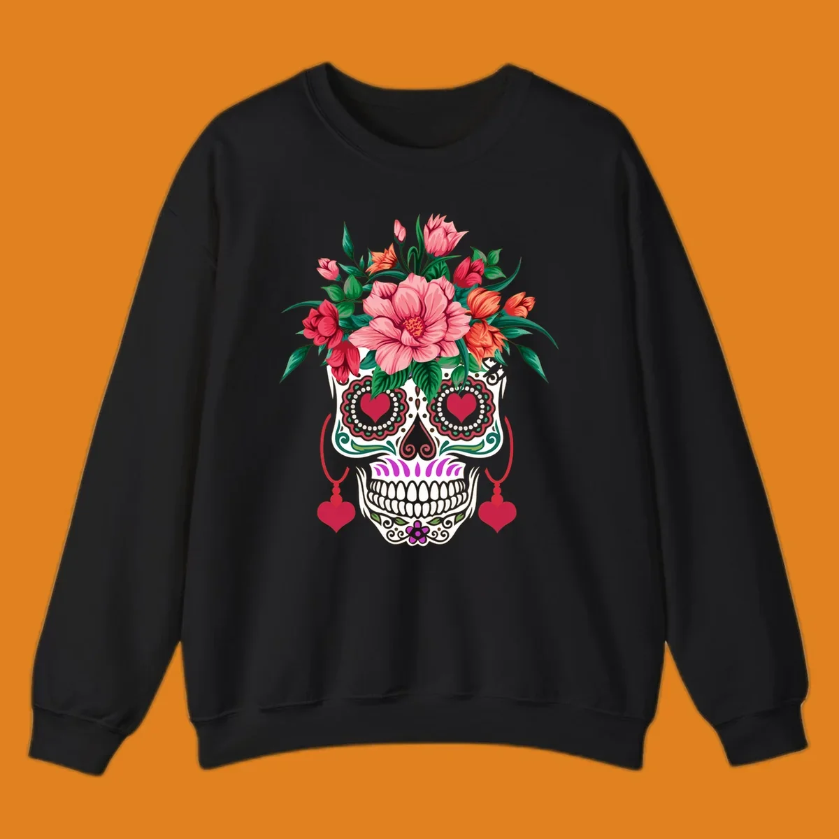 A vibrant floral sugar skull illustration with pink, red, and orange flowers, green leaves, and heart eyes.