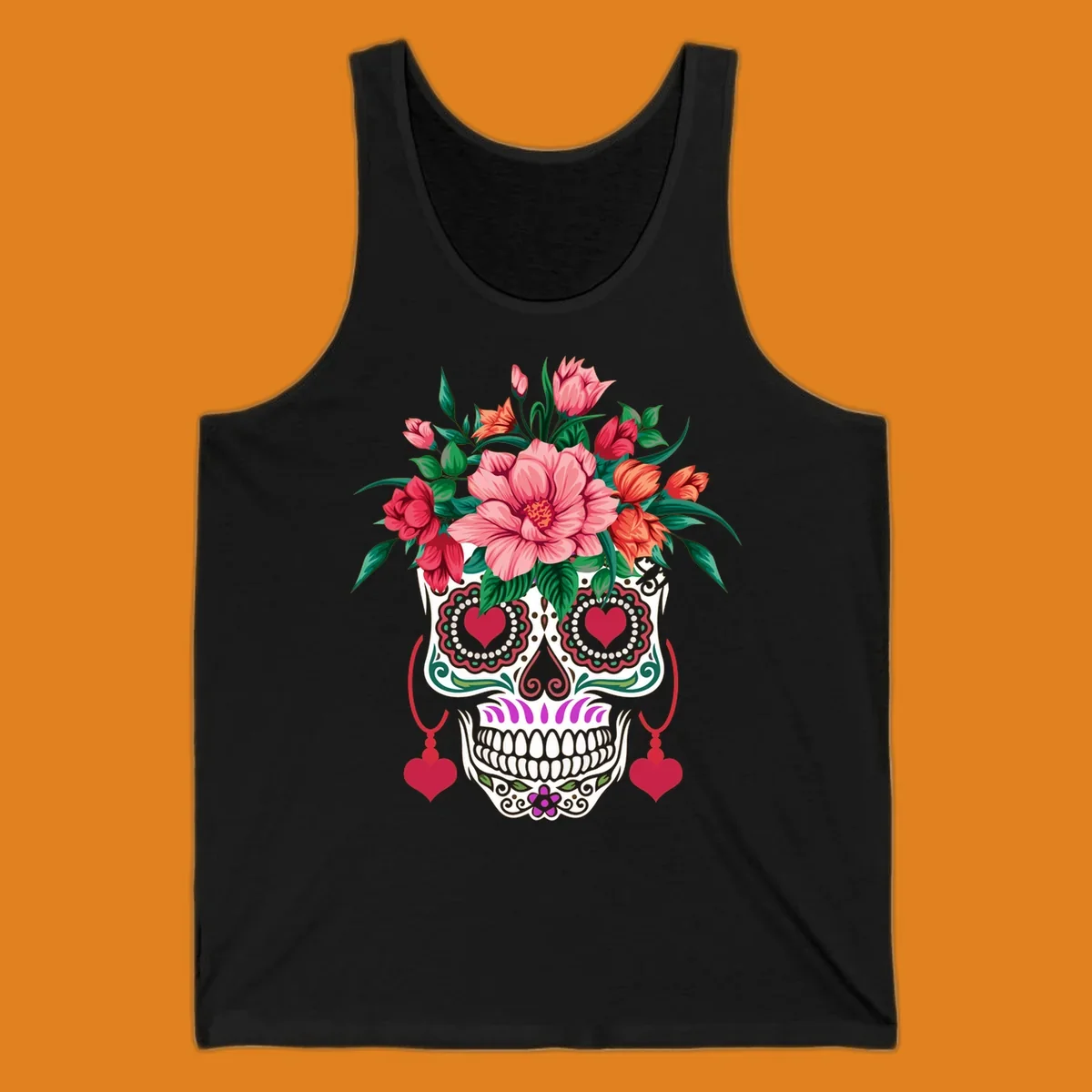 A vibrant floral sugar skull illustration with pink, red, and orange flowers, green leaves, and heart eyes.