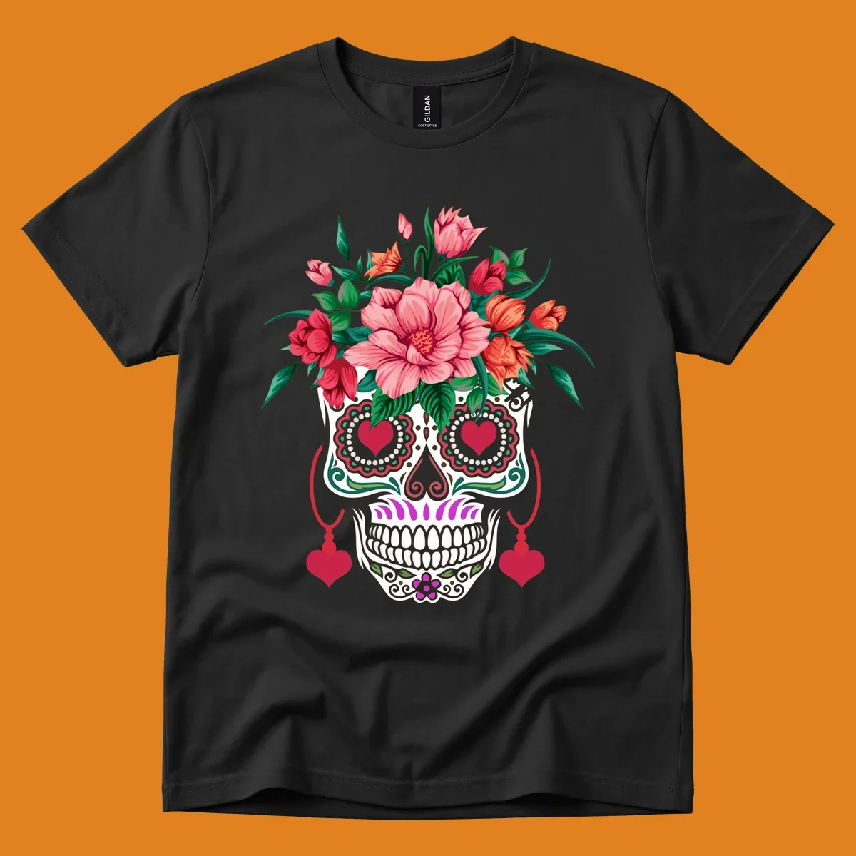 A vibrant floral sugar skull illustration with pink, red, and orange flowers, green leaves, and heart eyes.