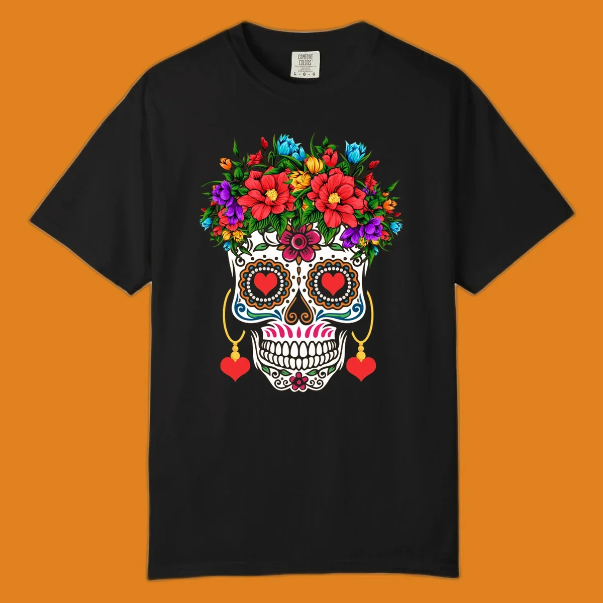 A vibrant floral calavera sugar skull with a crown of red, blue, purple, and yellow flowers, heart eyes, and heart earrings.