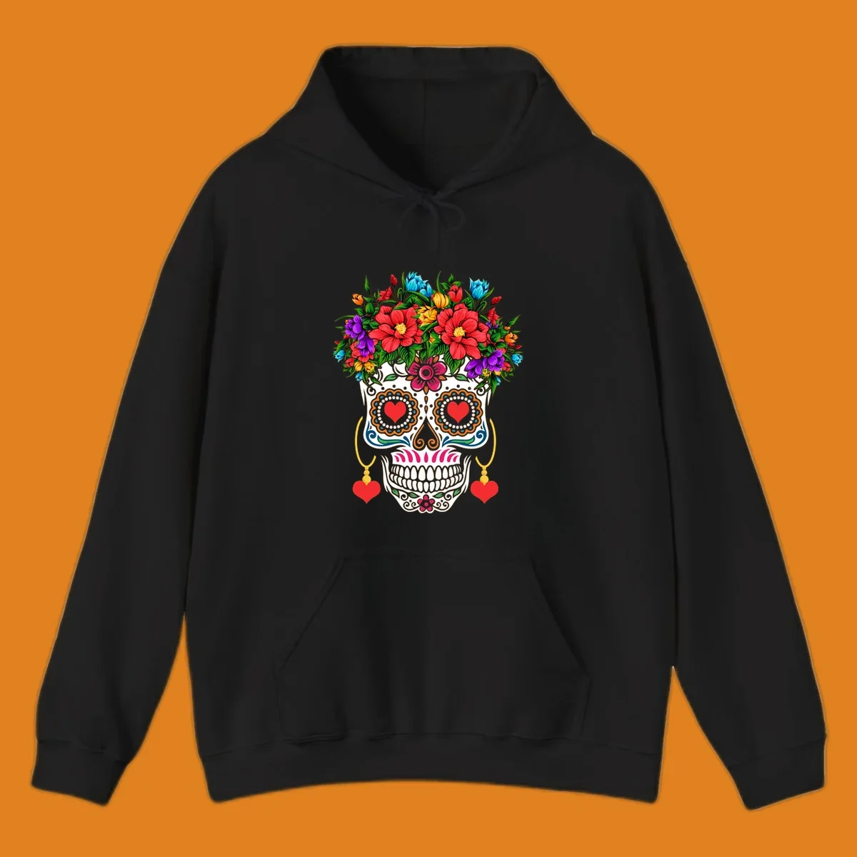 A vibrant floral calavera sugar skull with a crown of red, blue, purple, and yellow flowers, heart eyes, and heart earrings.