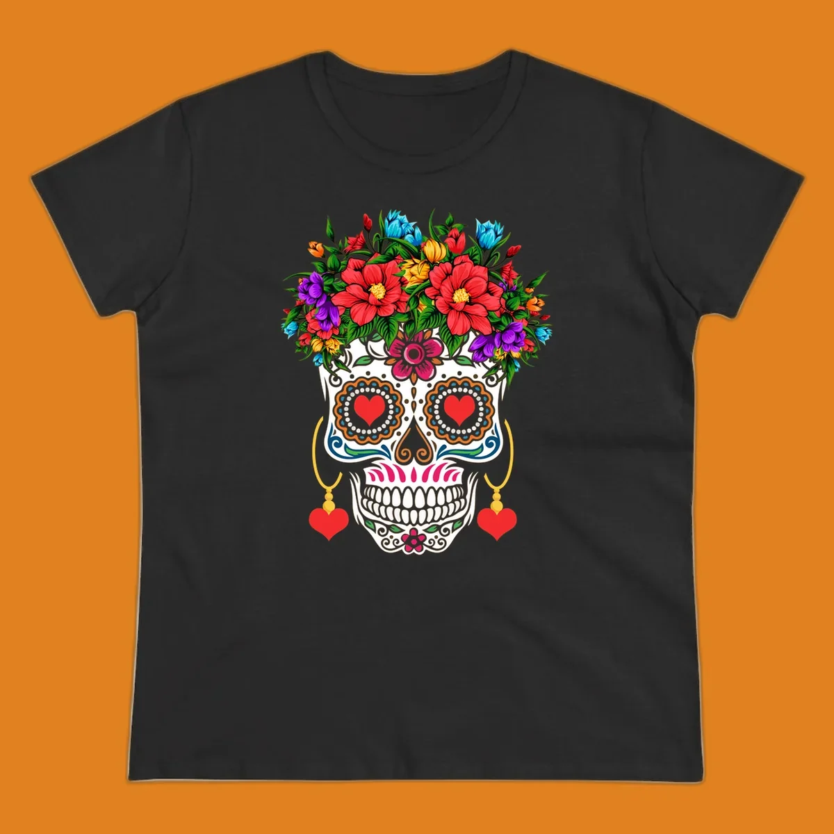 A vibrant floral calavera sugar skull with a crown of red, blue, purple, and yellow flowers, heart eyes, and heart earrings.
