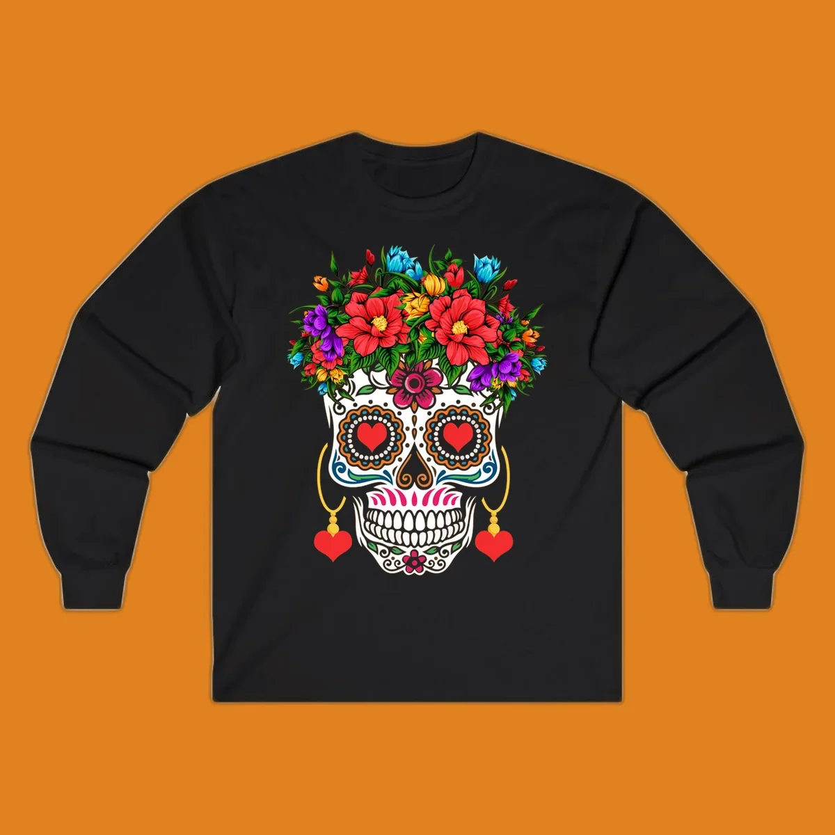 A vibrant floral calavera sugar skull with a crown of red, blue, purple, and yellow flowers, heart eyes, and heart earrings.