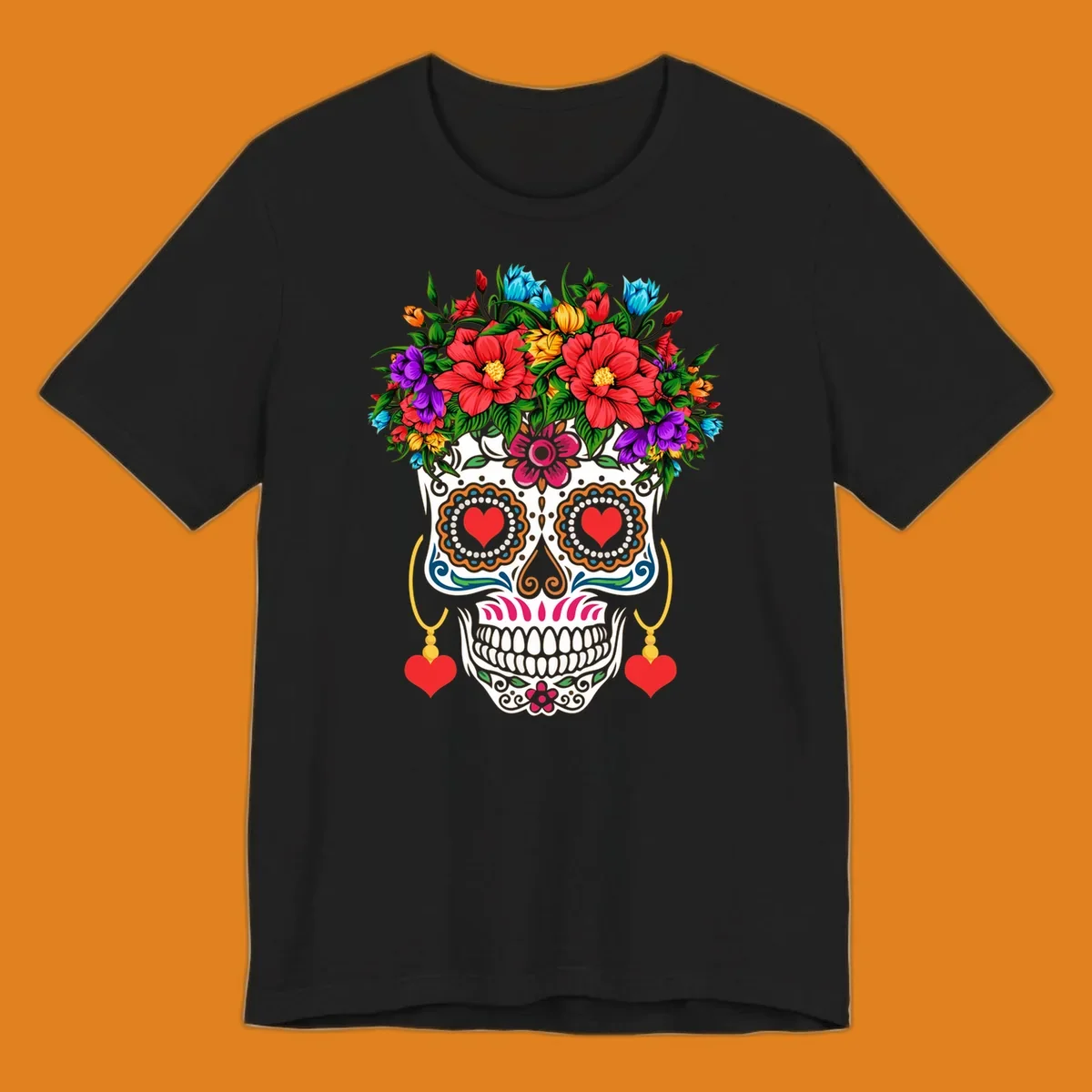A vibrant floral calavera sugar skull with a crown of red, blue, purple, and yellow flowers, heart eyes, and heart earrings.