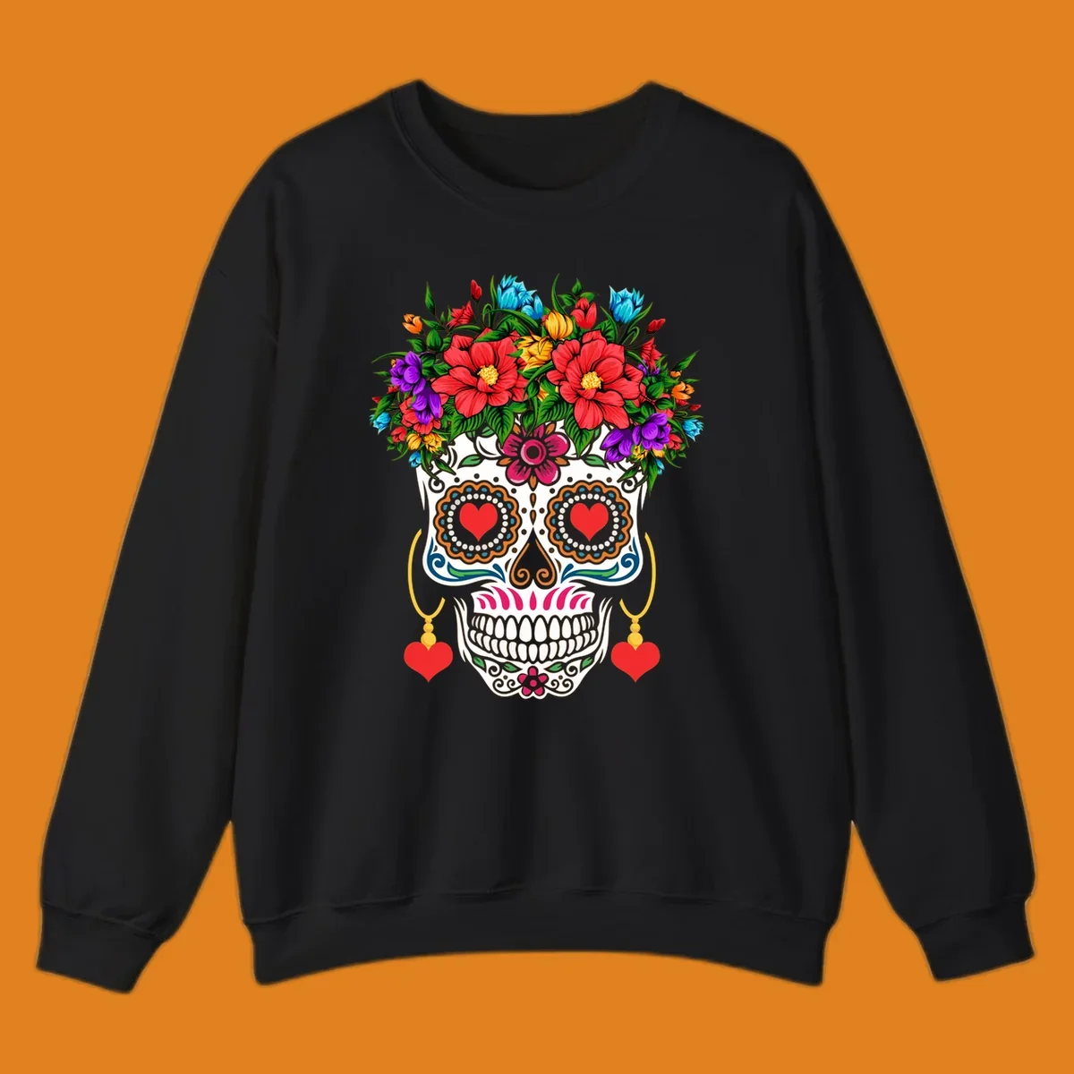 A vibrant floral calavera sugar skull with a crown of red, blue, purple, and yellow flowers, heart eyes, and heart earrings.