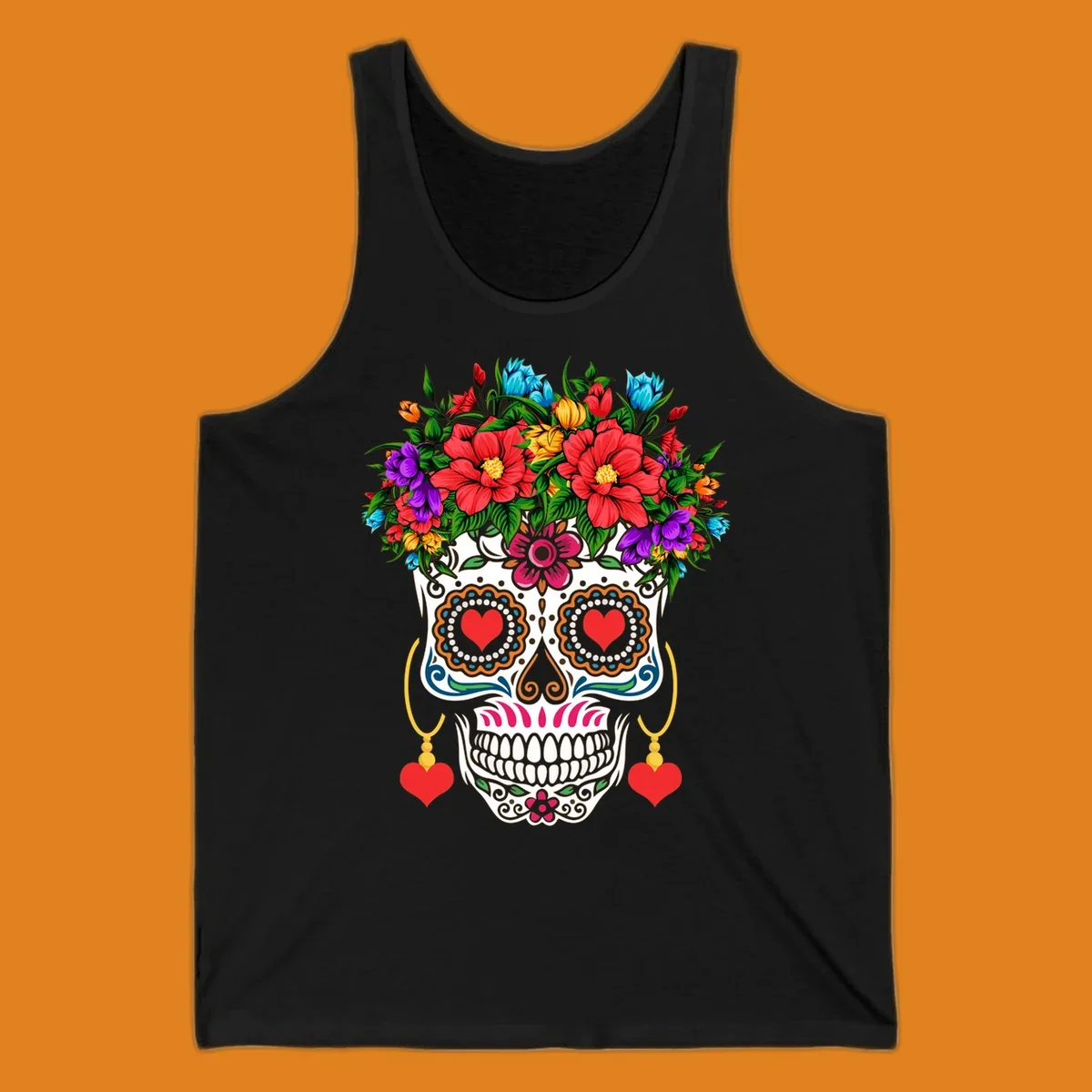 A vibrant floral calavera sugar skull with a crown of red, blue, purple, and yellow flowers, heart eyes, and heart earrings.