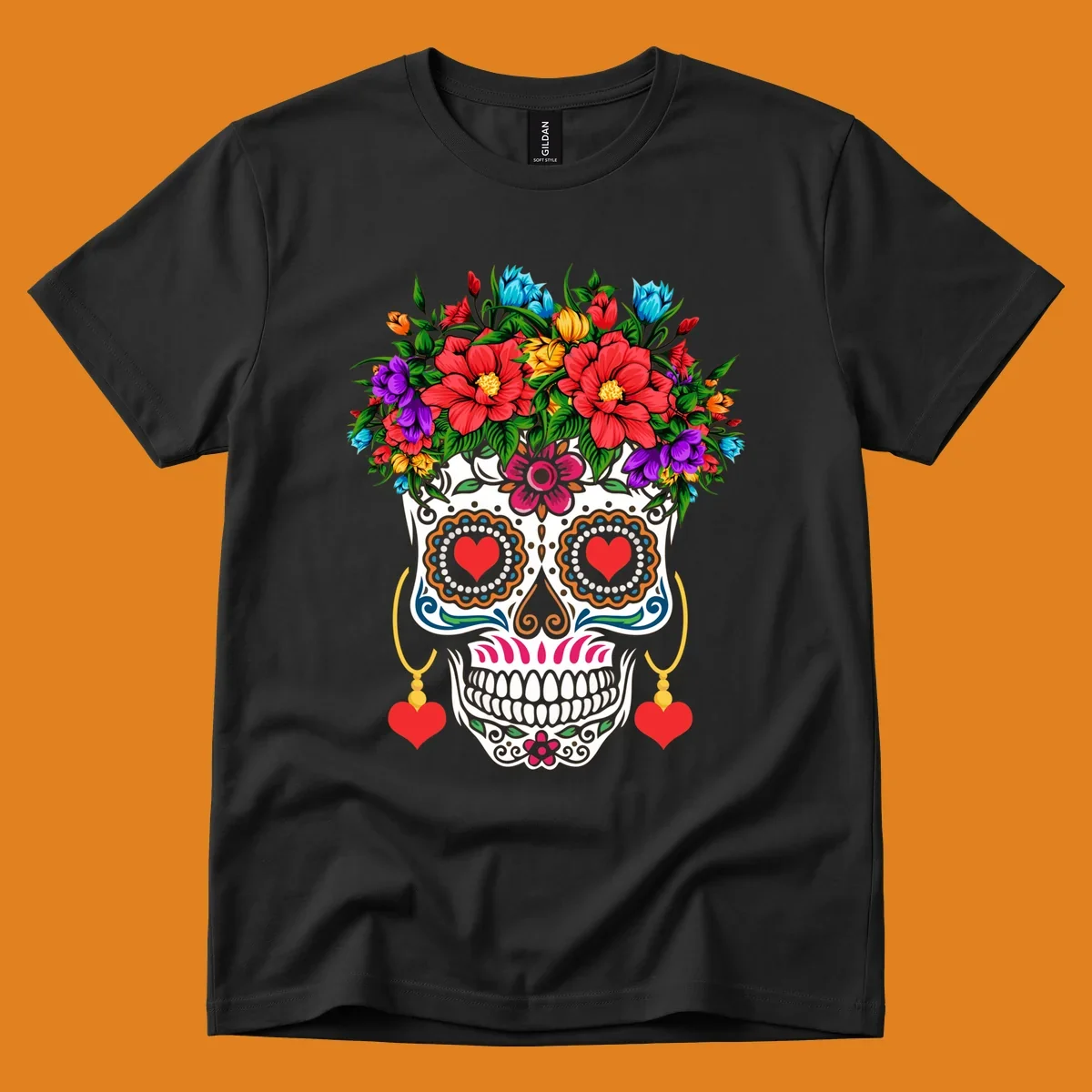 A vibrant floral calavera sugar skull with a crown of red, blue, purple, and yellow flowers, heart eyes, and heart earrings.