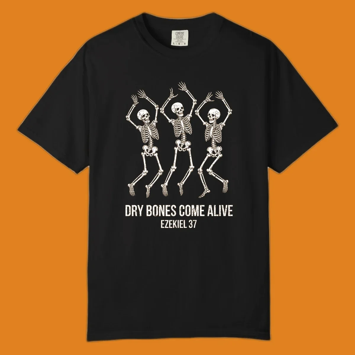 Three dancing skeletons with text 'Dry Bones Come Alive Ezekiel 37' representing dry-bones-resurrection.