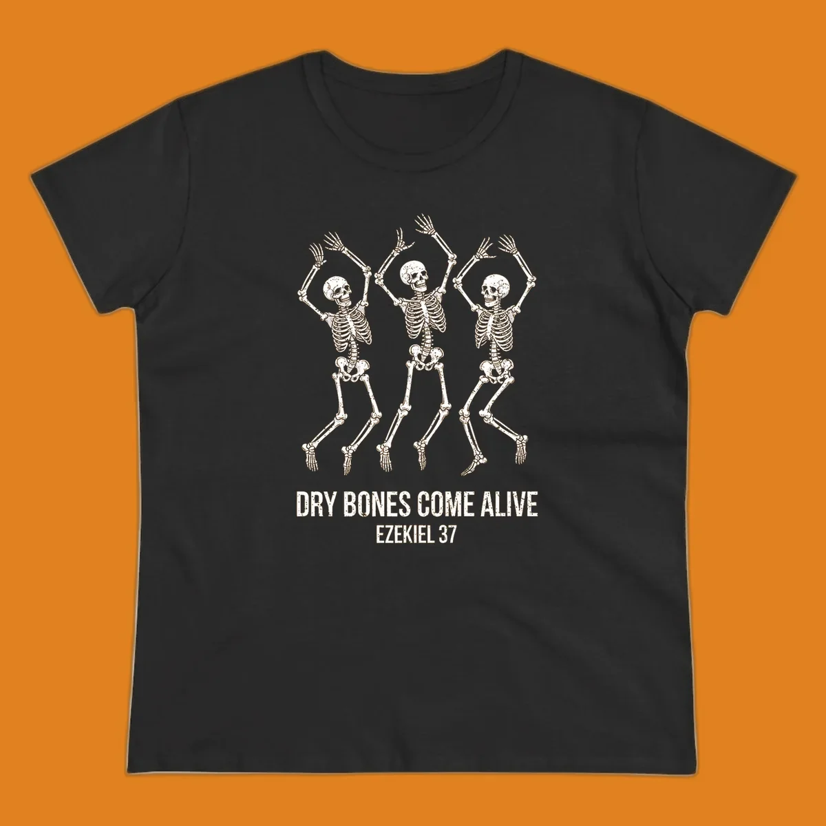 Three dancing skeletons with text 'Dry Bones Come Alive Ezekiel 37' representing dry-bones-resurrection.