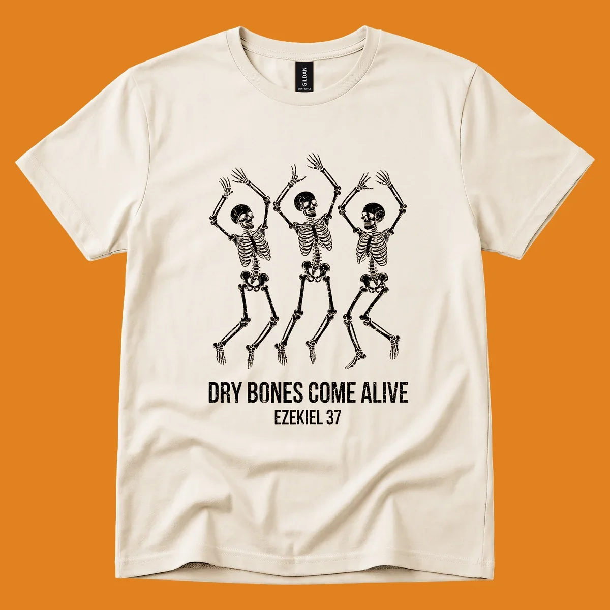 Three dancing skeletons with text 'Dry Bones Come Alive Ezekiel 37' representing dry-bones-resurrection.