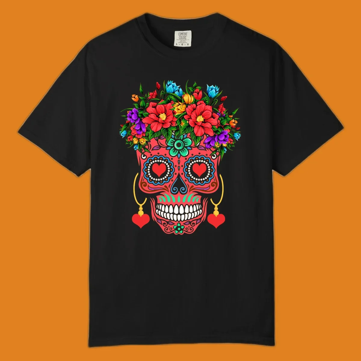 A vibrant floral sugar skull illustration with red heart eyes, a crown of colorful flowers, and heart earrings.