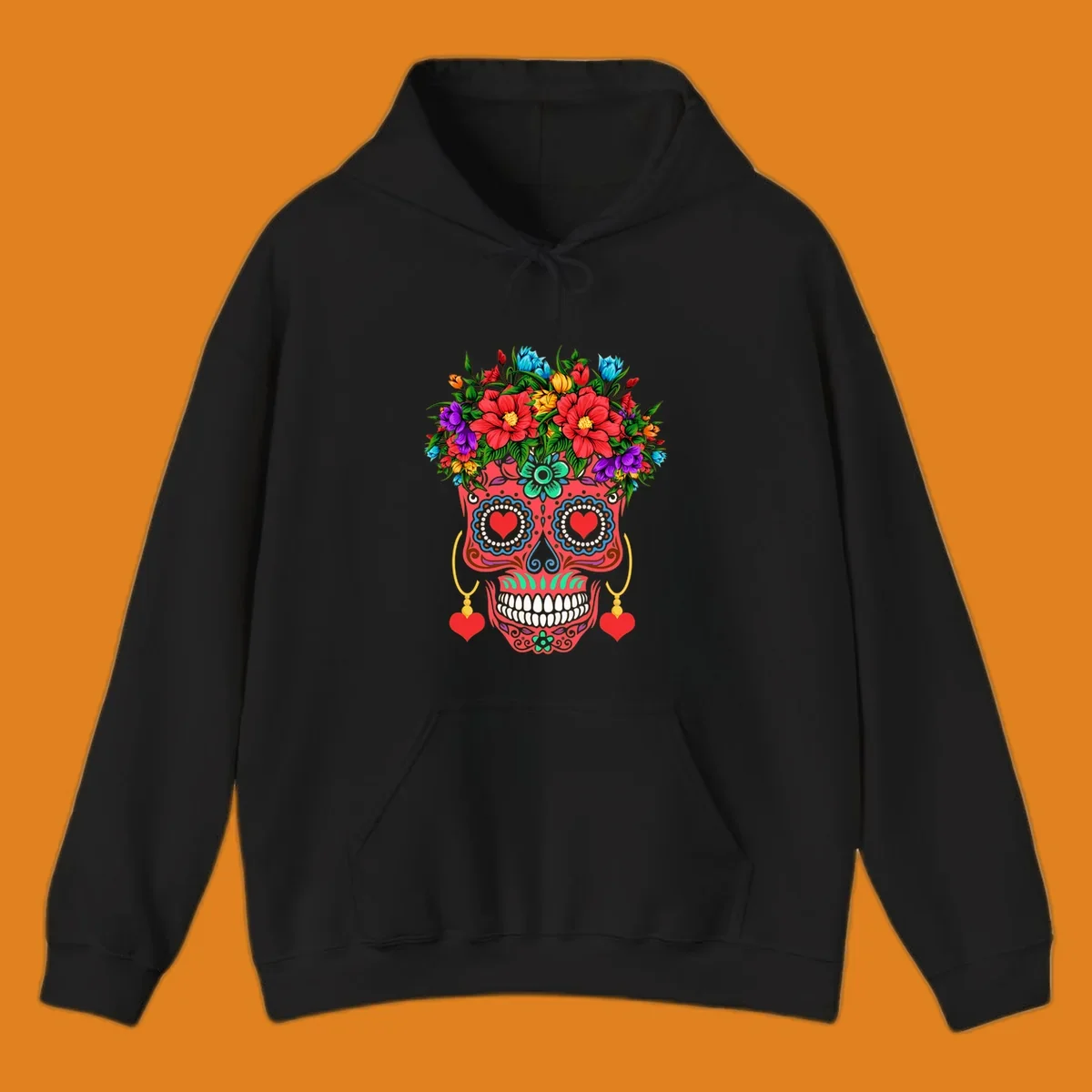 A vibrant floral sugar skull illustration with red heart eyes, a crown of colorful flowers, and heart earrings.