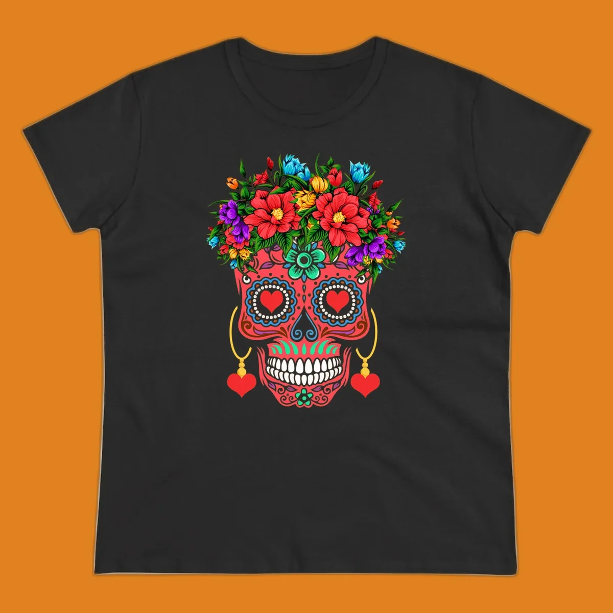 A vibrant floral sugar skull illustration with red heart eyes, a crown of colorful flowers, and heart earrings.