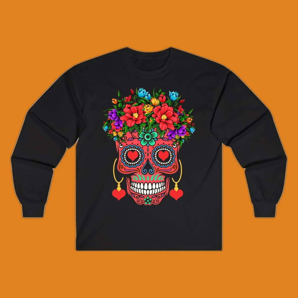 A vibrant floral sugar skull illustration with red heart eyes, a crown of colorful flowers, and heart earrings.