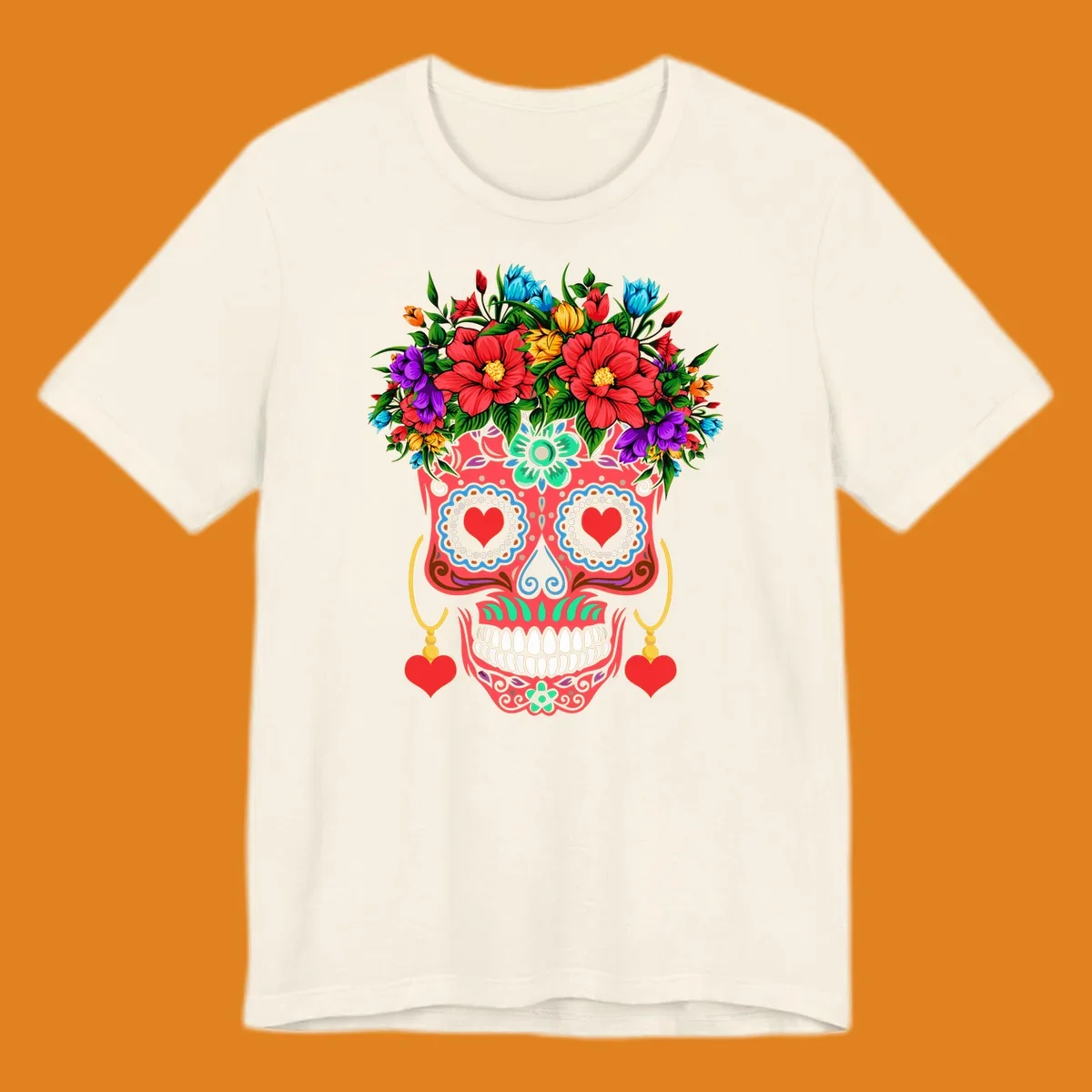 A vibrant floral sugar skull illustration with red heart eyes, a crown of colorful flowers, and heart earrings.
