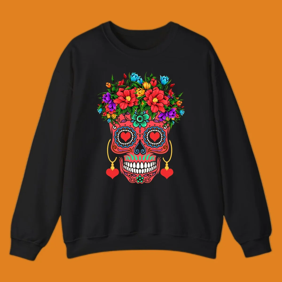 A vibrant floral sugar skull illustration with red heart eyes, a crown of colorful flowers, and heart earrings.