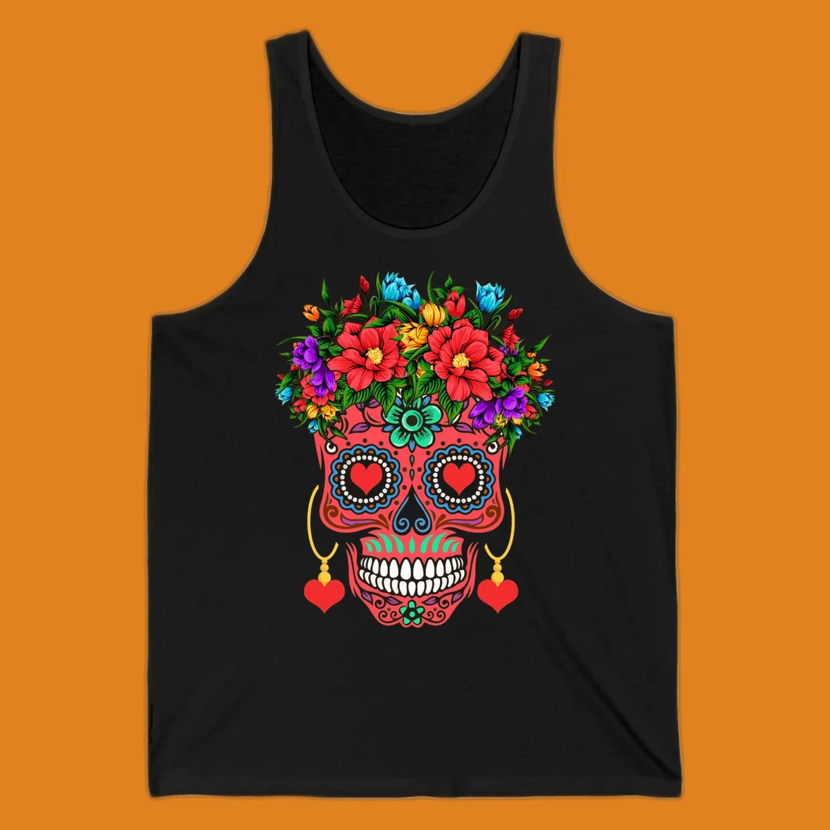 A vibrant floral sugar skull illustration with red heart eyes, a crown of colorful flowers, and heart earrings.